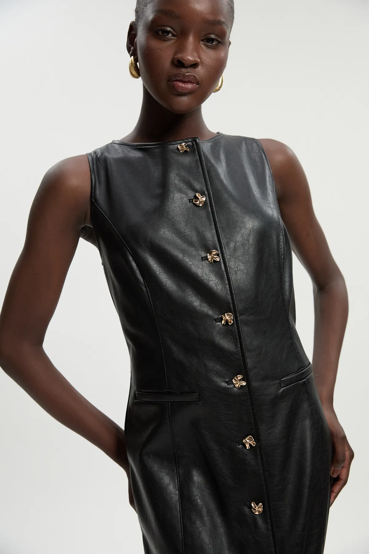 Faux Leather Button Detail Midi Pencil Dress BKK26077