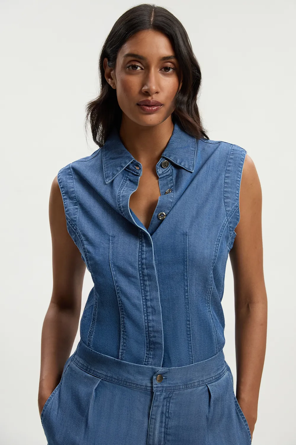Chambray Stretch Denim Sleeveless Collared Top BKK26079