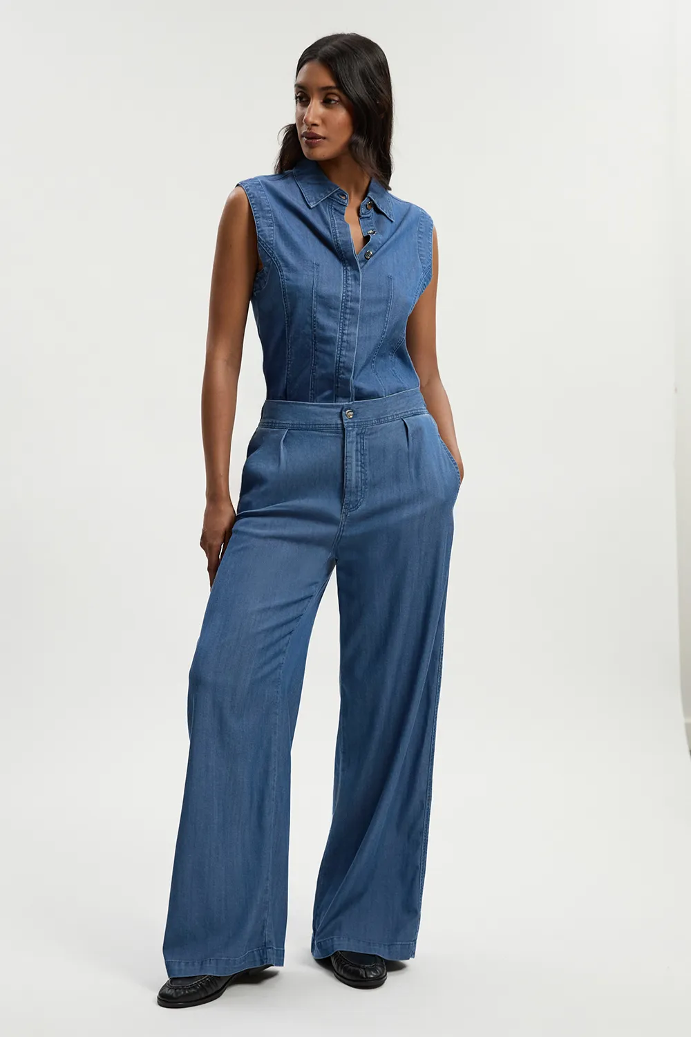 Chambray Stretch Denim Sleeveless Collared Top BKK26079