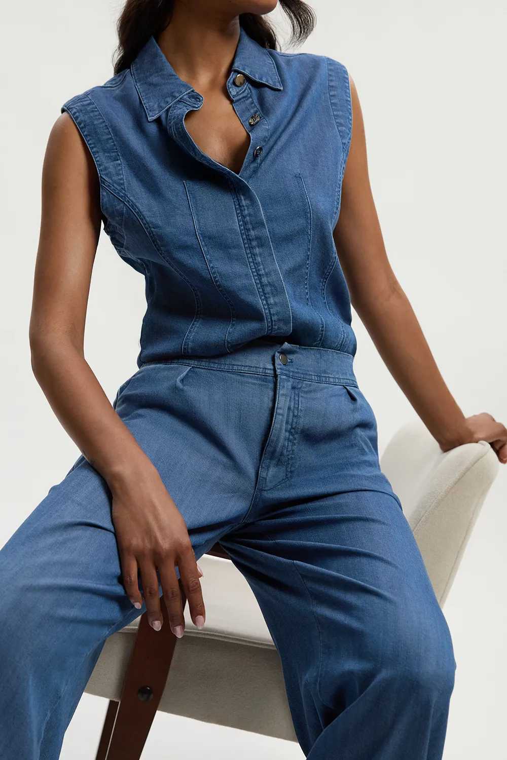 Chambray Stretch Denim Sleeveless Collared Top BKK26079 3 Chambray Stretch Denim Sleeveless Collared Top BKK26079