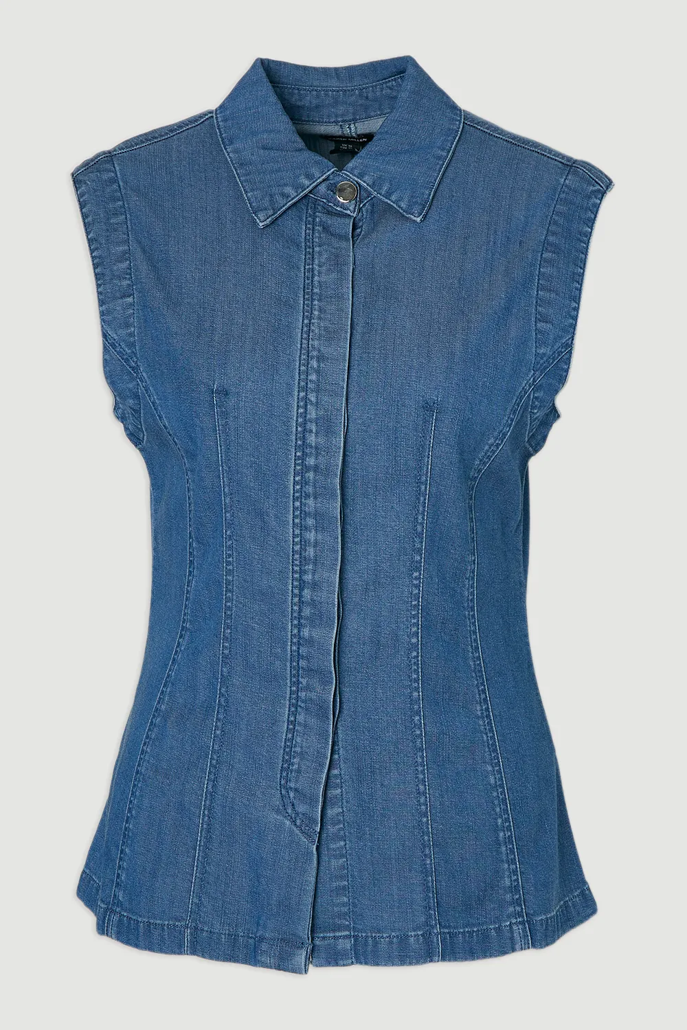 Chambray Stretch Denim Sleeveless Collared Top BKK26079 4 Chambray Stretch Denim Sleeveless Collared Top BKK26079