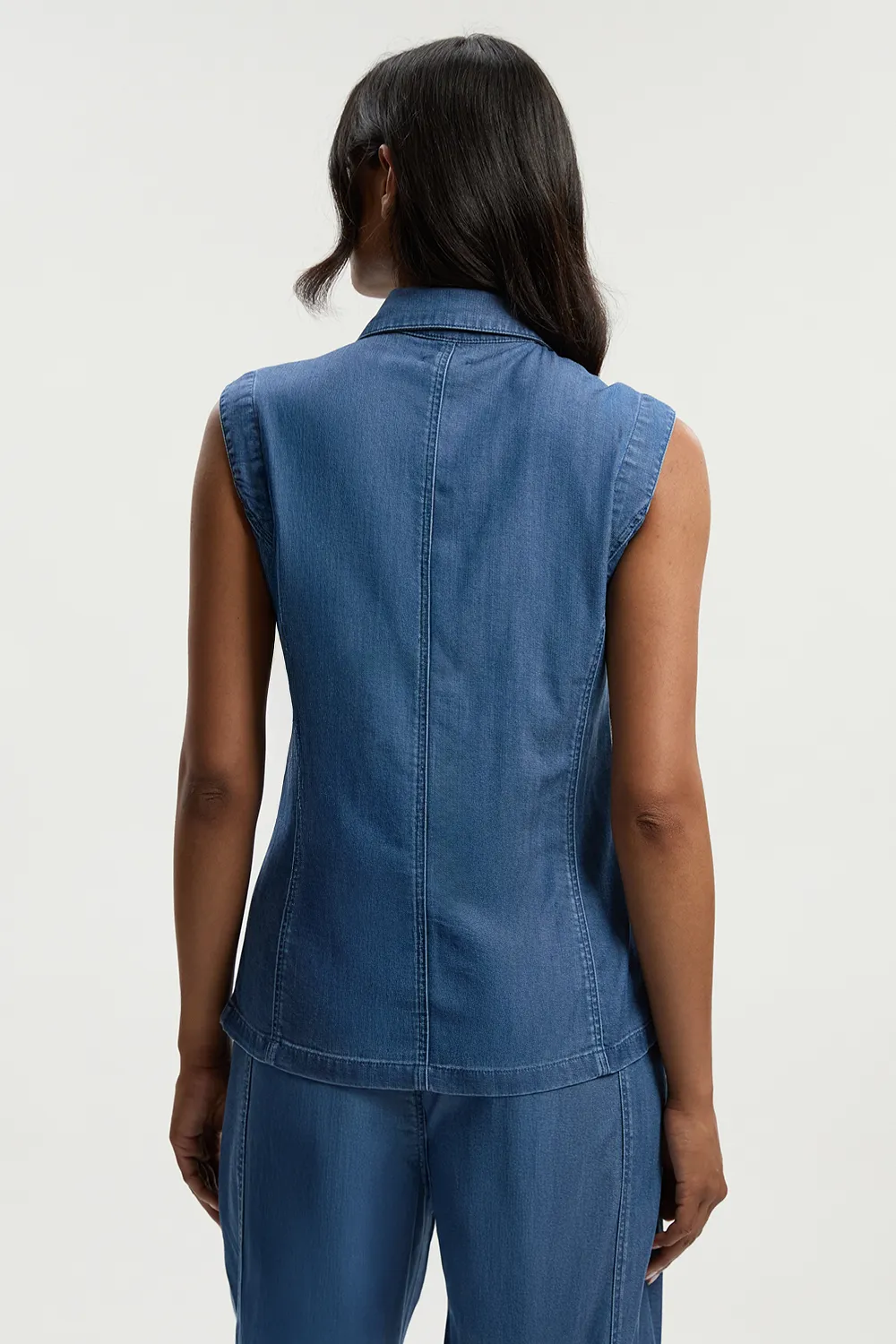 Chambray Stretch Denim Sleeveless Collared Top BKK26079 6 Chambray Stretch Denim Sleeveless Collared Top BKK26079
