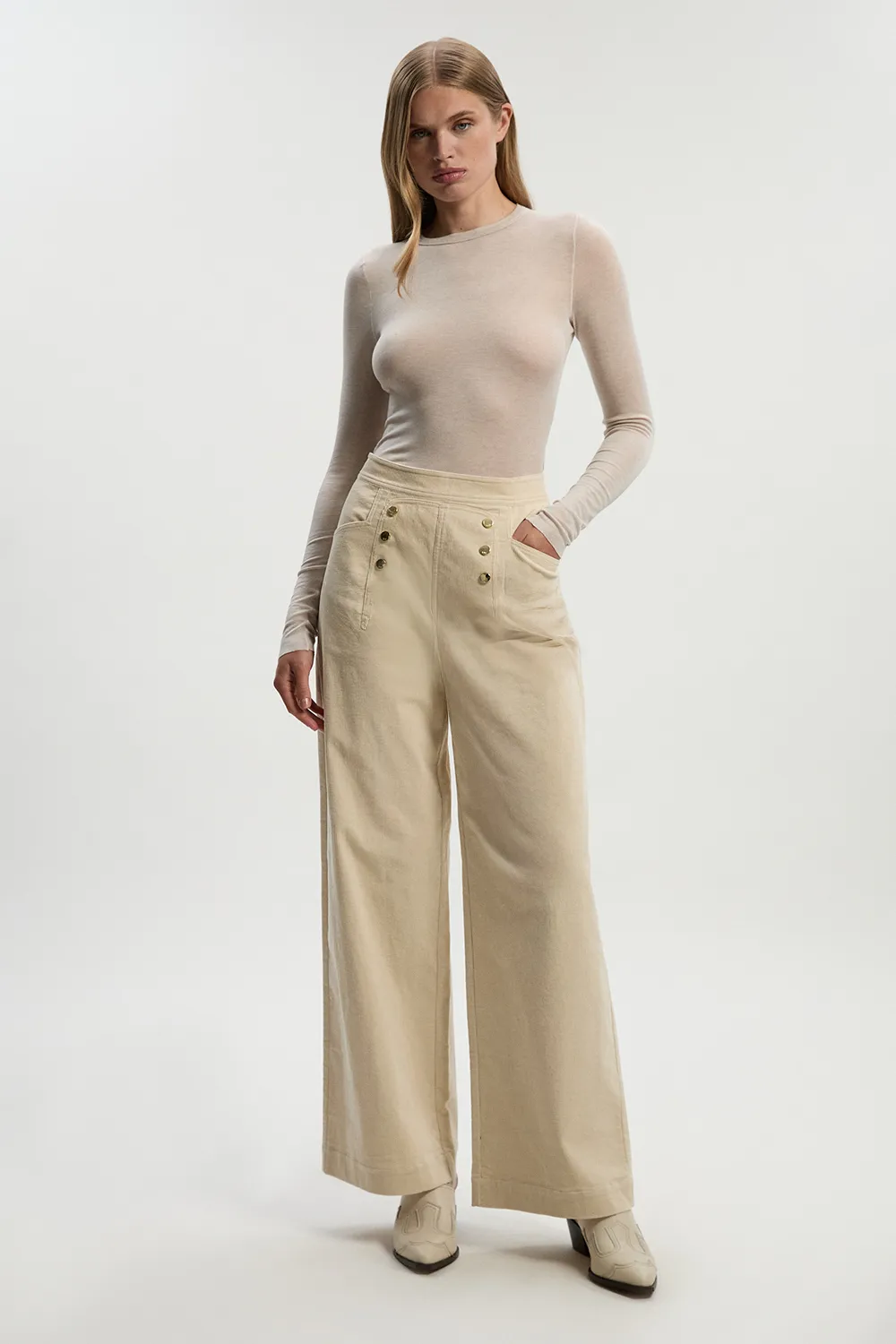 Stretch Cord Button Front Wide Leg Trouser BKK26092