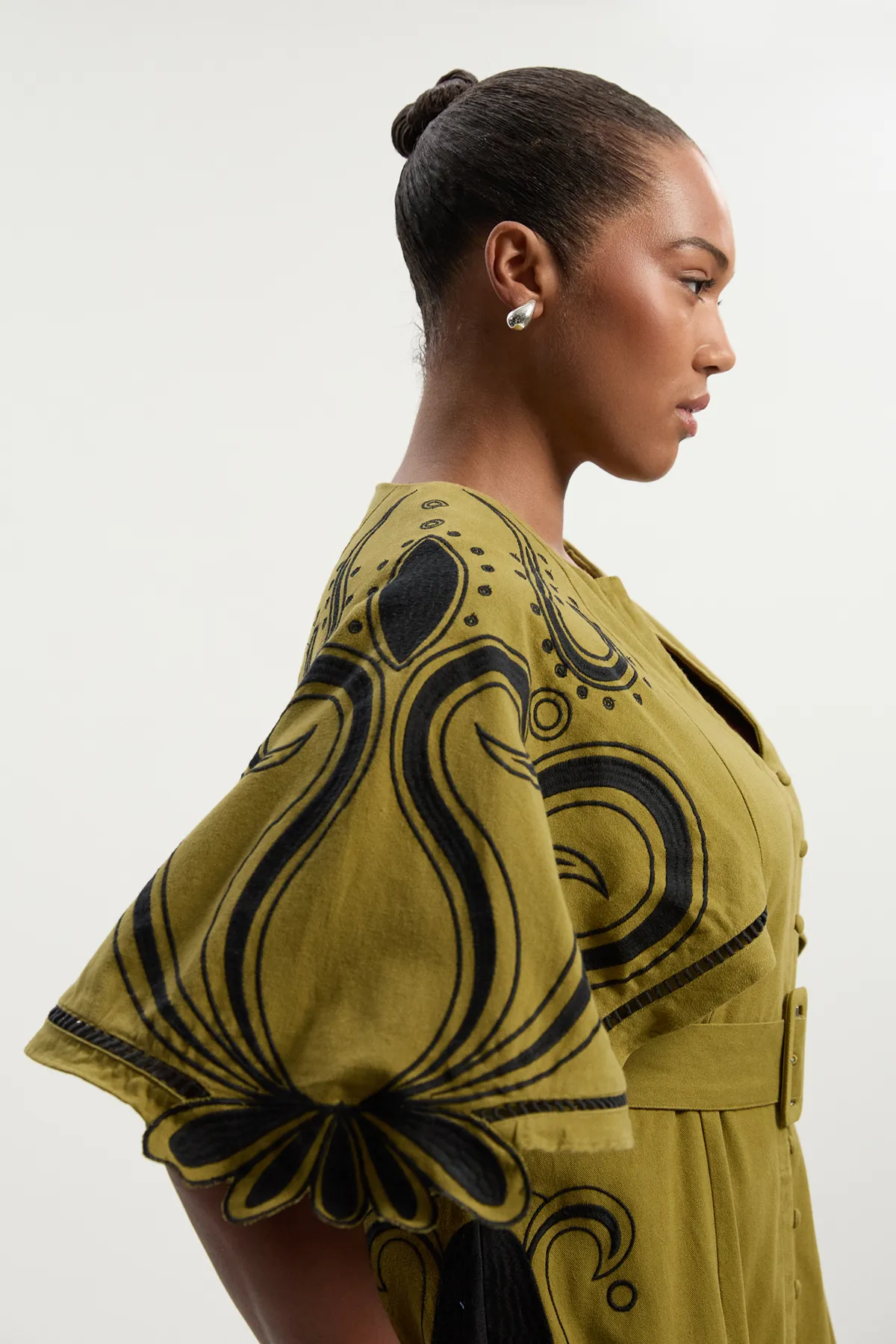 Plus Size Baroque Embroidered Cape Sleeve Twill Woven Maxi Dress BKK26114