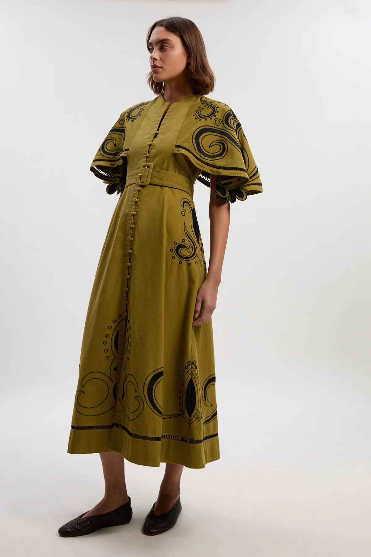 Baroque Embroidered Cape Sleeve Twill Woven Maxi Dress BKK26115