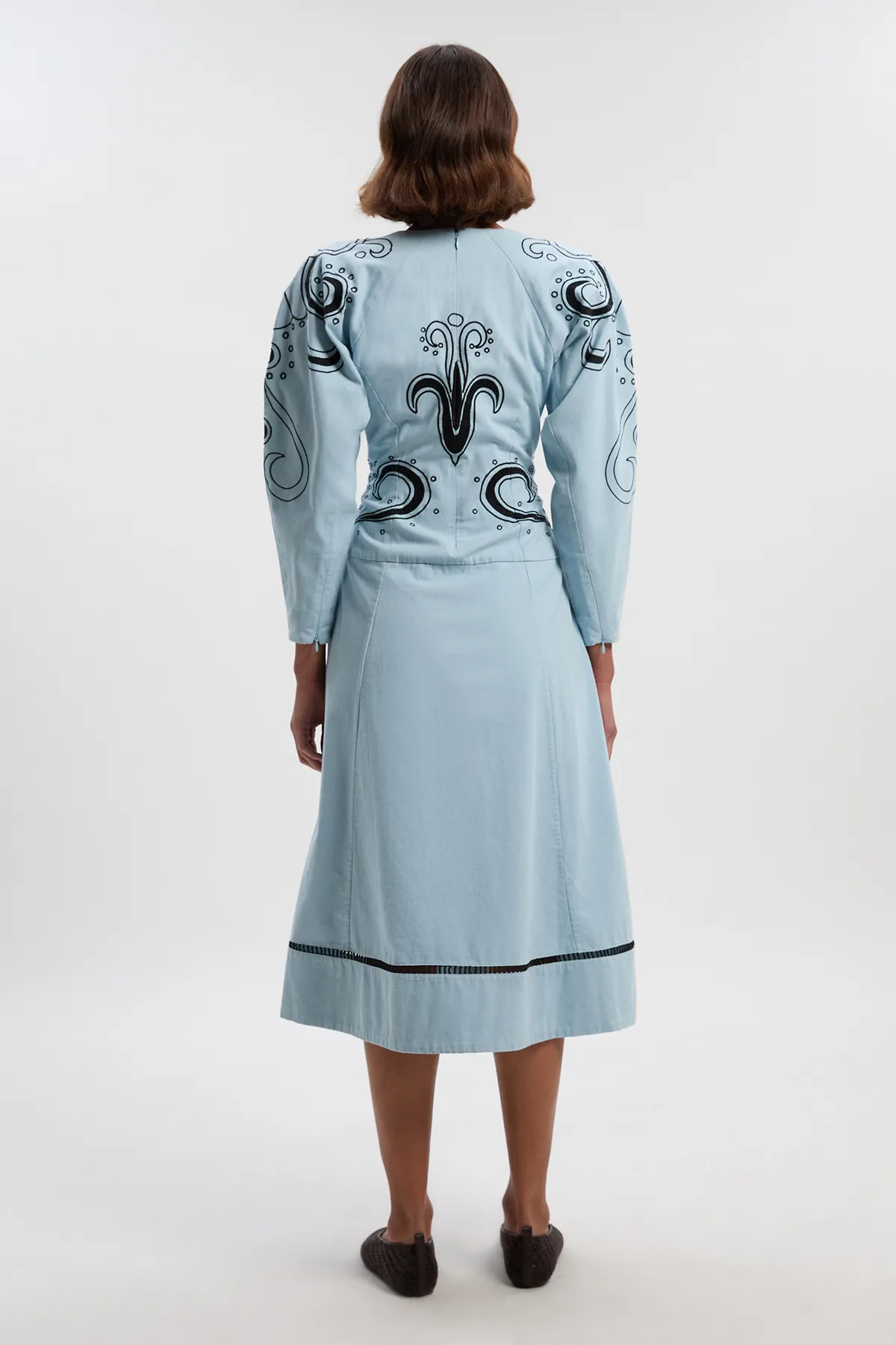 Petite Baroque Embroidered Long Sleeve Twill Woven Midi Dress BKK26116