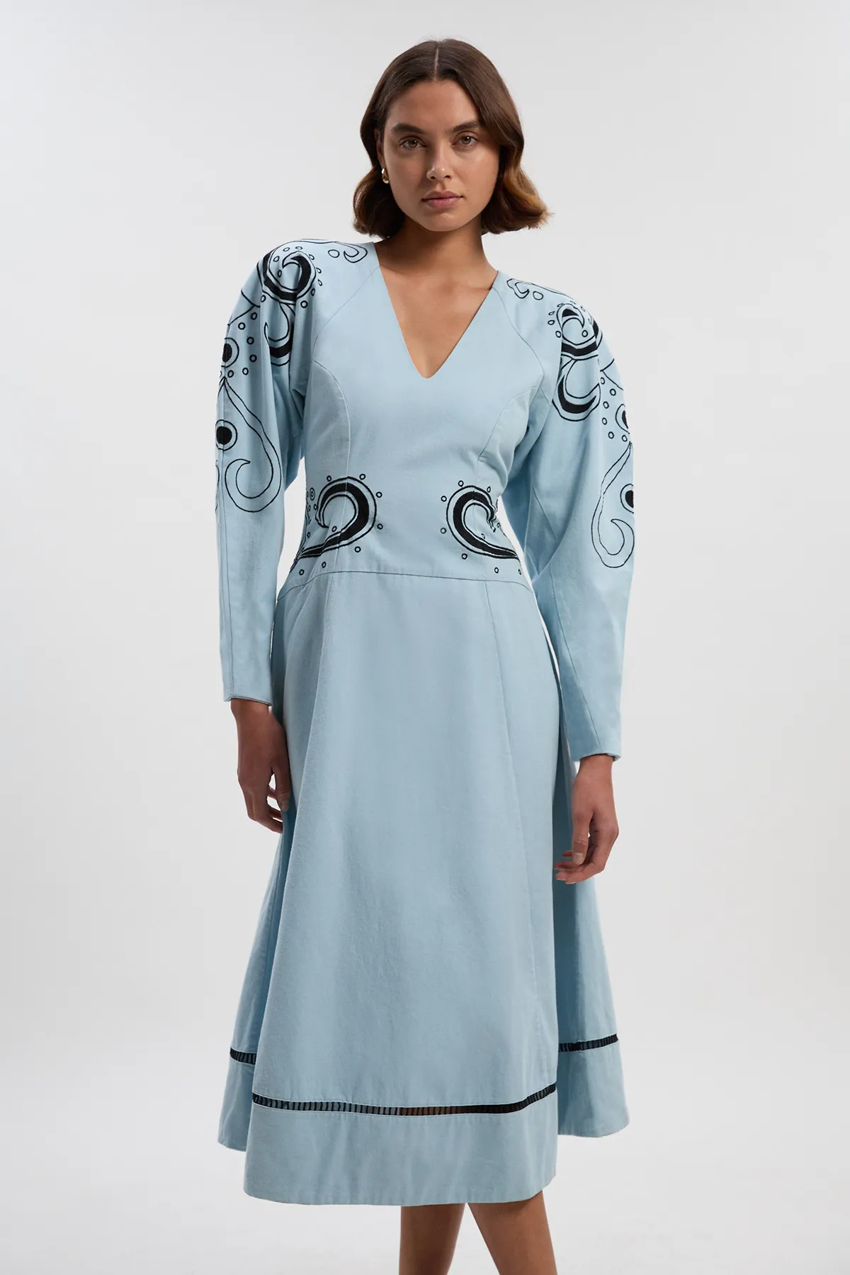 Baroque Embroidered Long Sleeve Twill Woven Midi Dress BKK26117