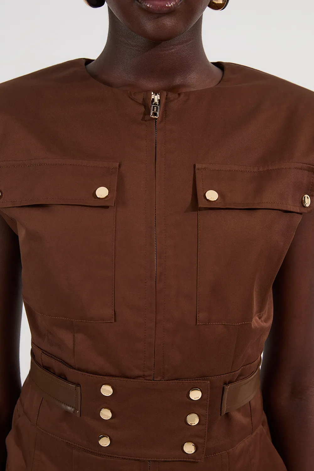 Cotton & Faux Leather Tab Utility Jumpsuit BKK26133