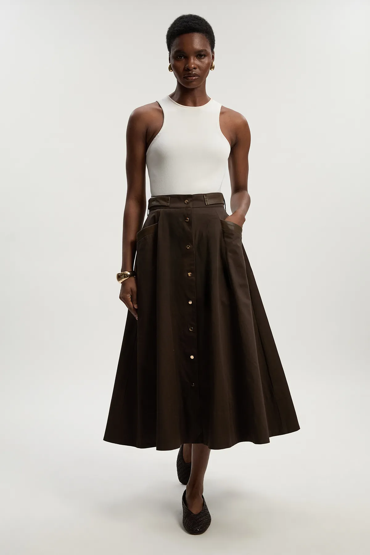 Cotton & Faux Leather Tab Full Maxi Skirt BKK26135