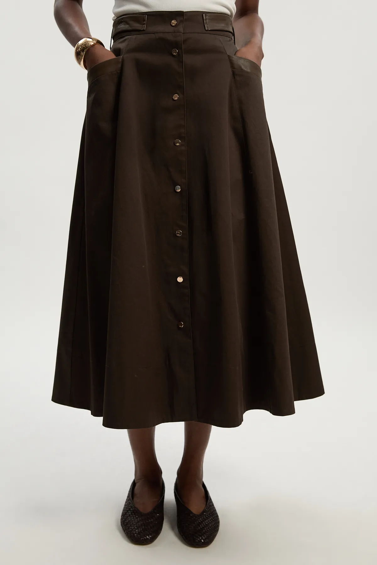 Cotton & Faux Leather Tab Full Maxi Skirt BKK26135