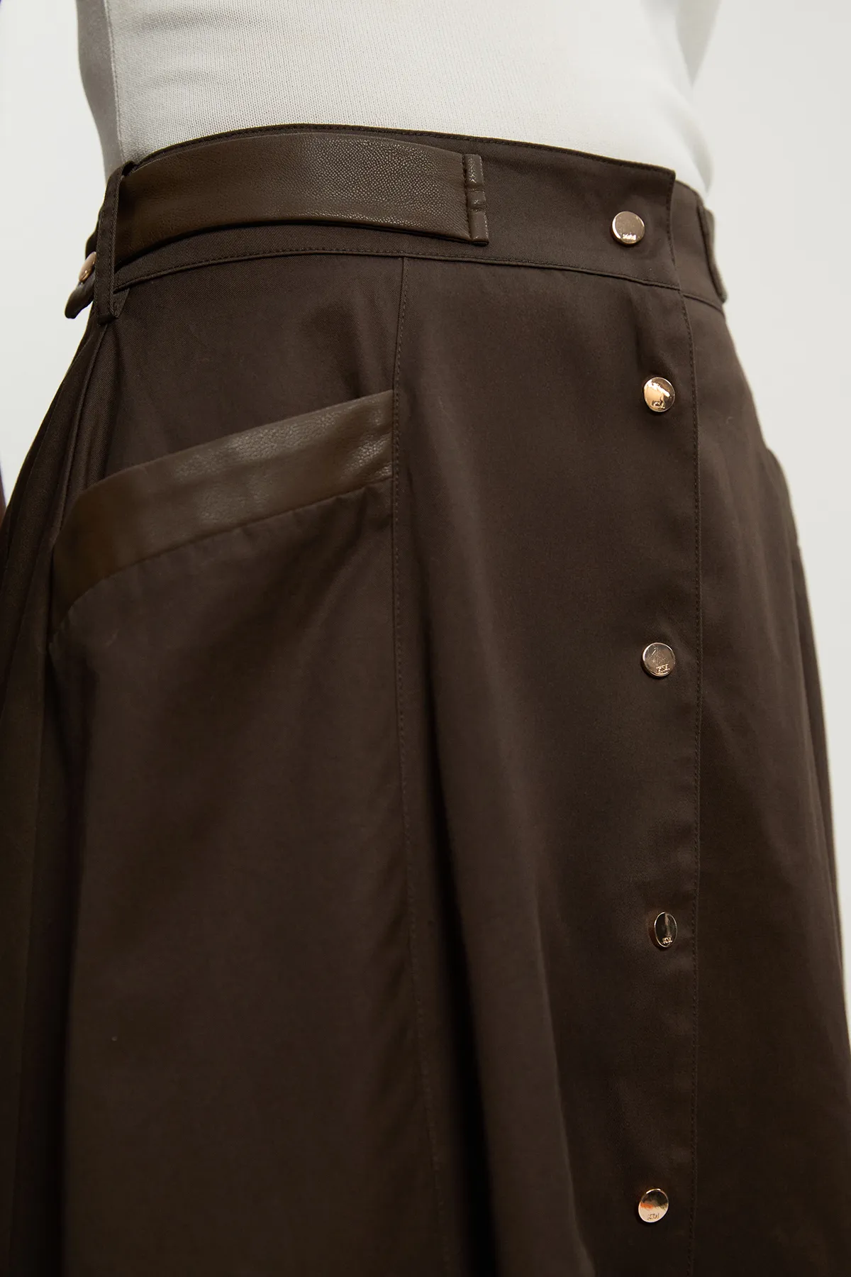 Cotton & Faux Leather Tab Full Maxi Skirt BKK26135