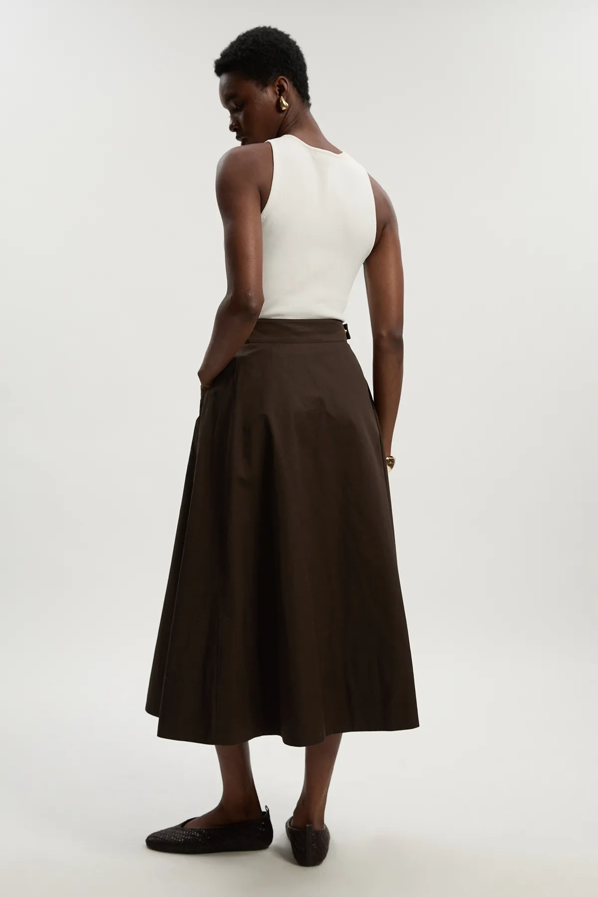 Cotton & Faux Leather Tab Full Maxi Skirt BKK26135