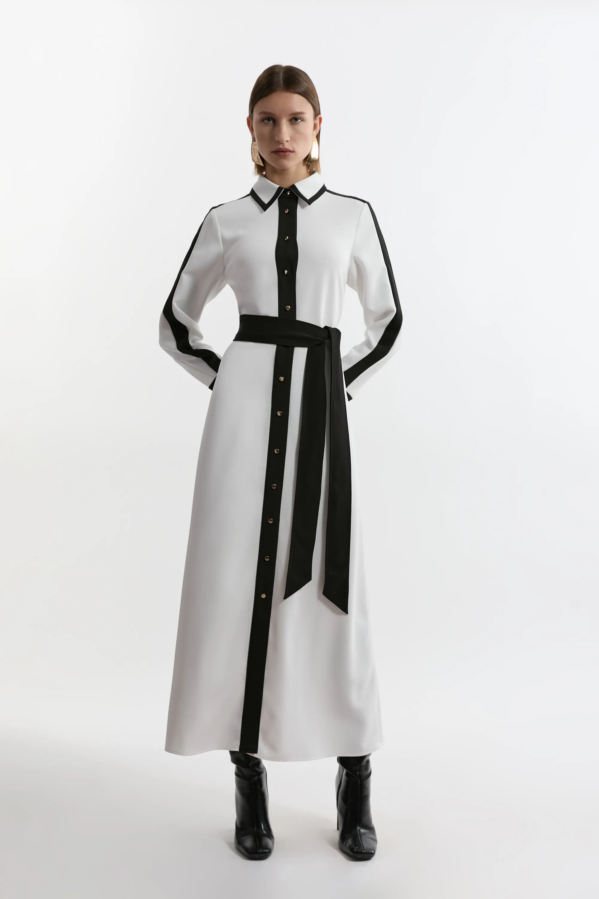 Color Block Twill Woven Belted Midi Shirt Dress BKK22903