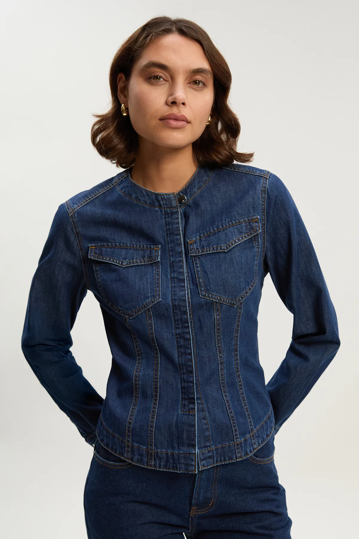 Denim Collarless Tailored Western Shirt BKK26233