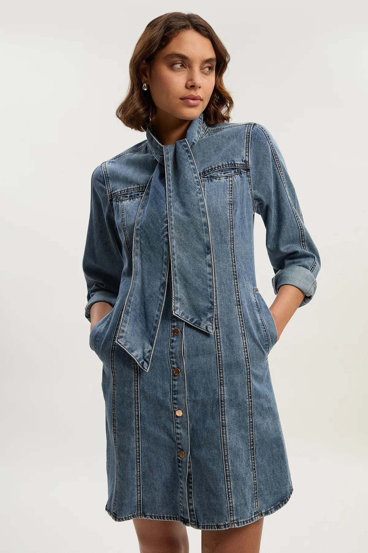Petite Denim Pussy Bow Shirt Dress BKK26232