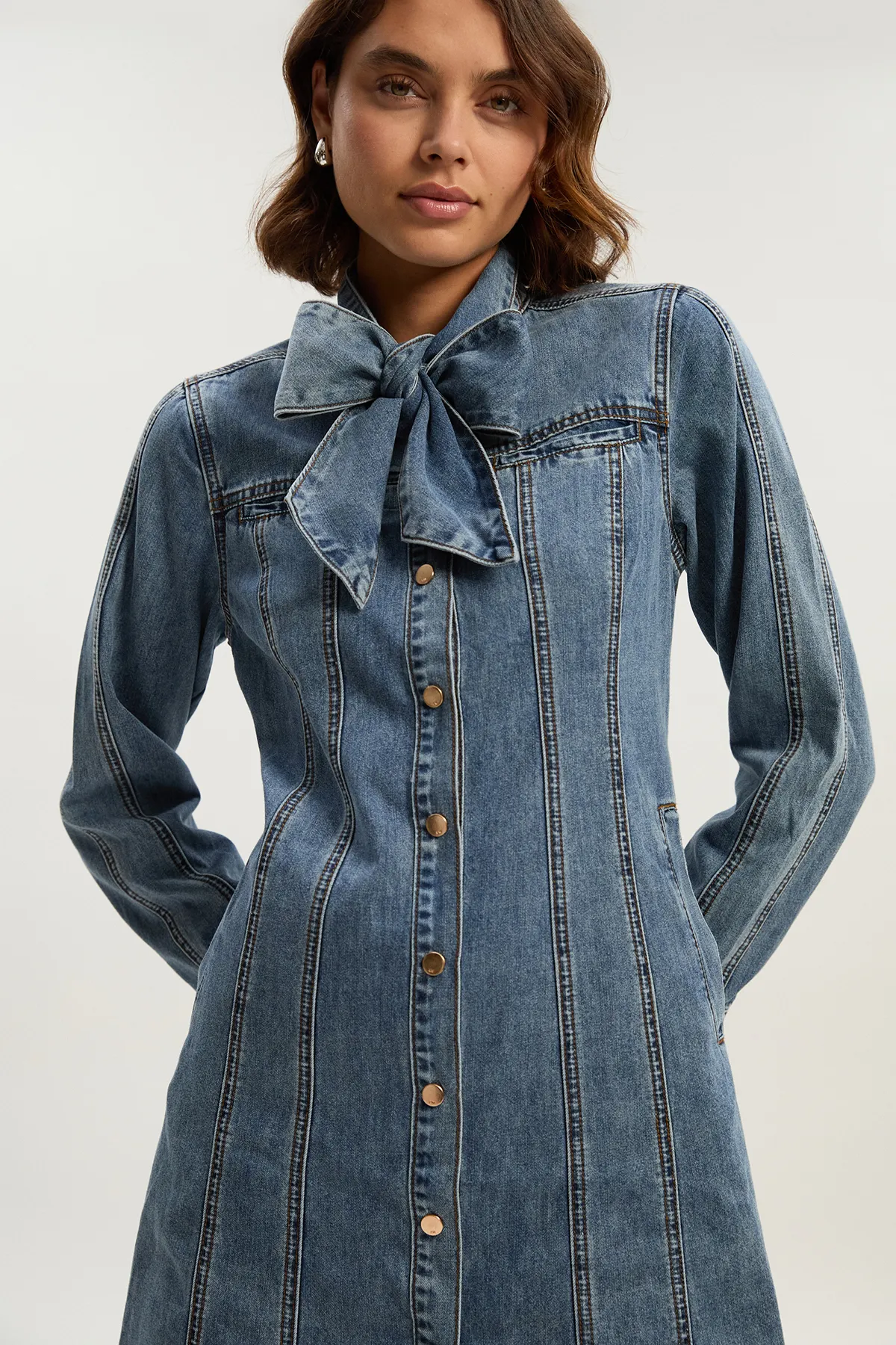 Petite Denim Pussy Bow Shirt Dress BKK26232 3 Petite Denim Pussy Bow Shirt Dress BKK26232