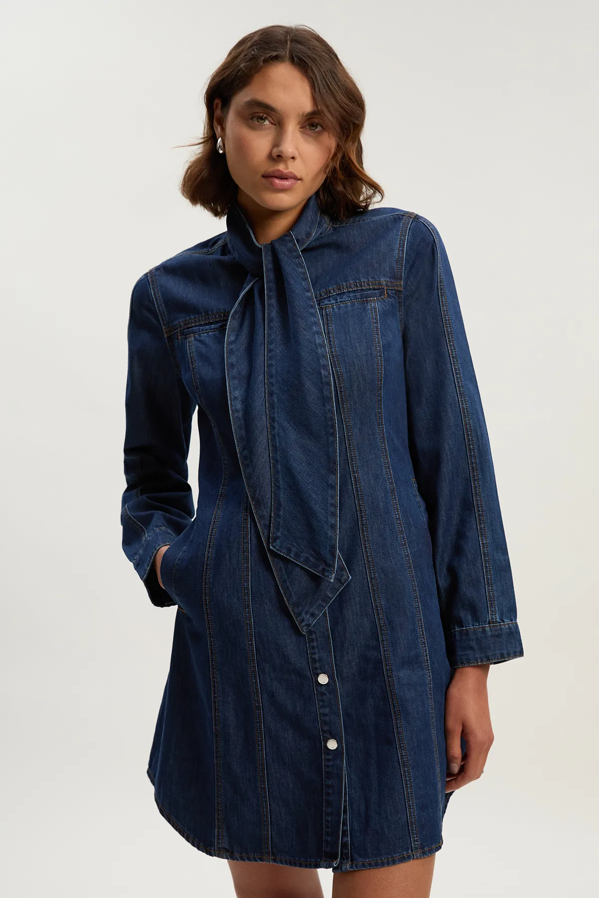Denim Pussy Bow Shirt Dress BKK26234