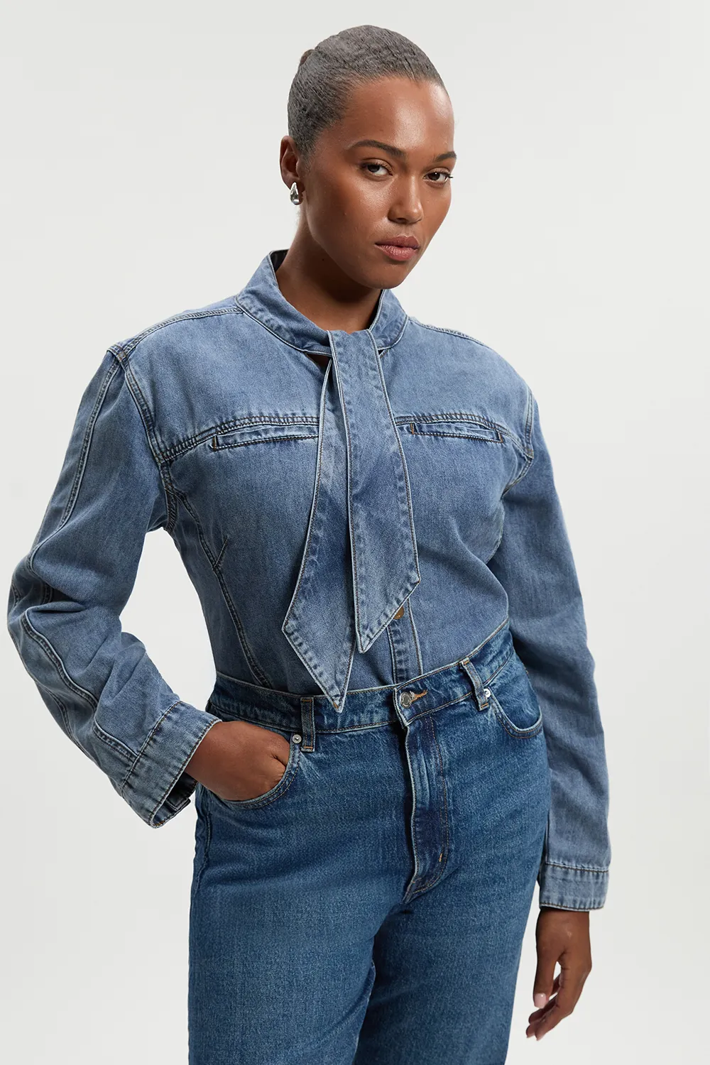 Plus Size Denim Pussy Bow Blouse BKK26235