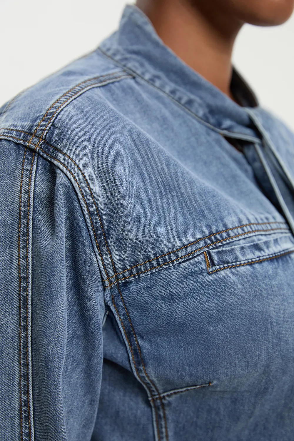 Plus Size Denim Pussy Bow Blouse BKK26235 3 Plus Size Denim Pussy Bow Blouse BKK26235