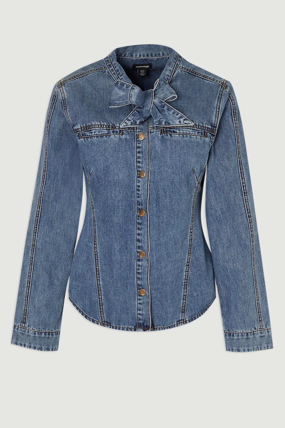 Plus Size Denim Pussy Bow Blouse BKK26235 4 Plus Size Denim Pussy Bow Blouse BKK26235