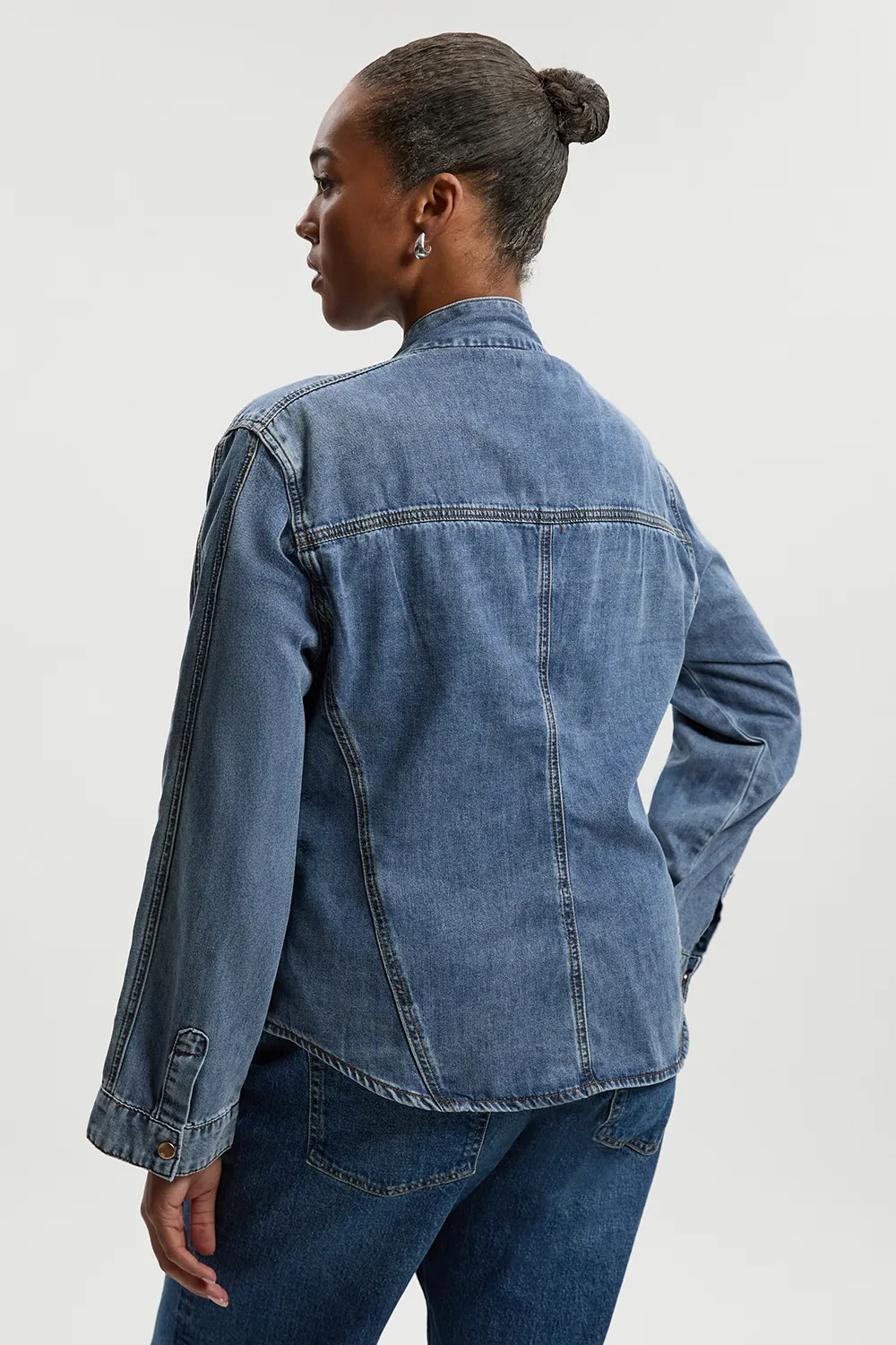 Plus Size Denim Pussy Bow Blouse BKK26235 5 Plus Size Denim Pussy Bow Blouse BKK26235