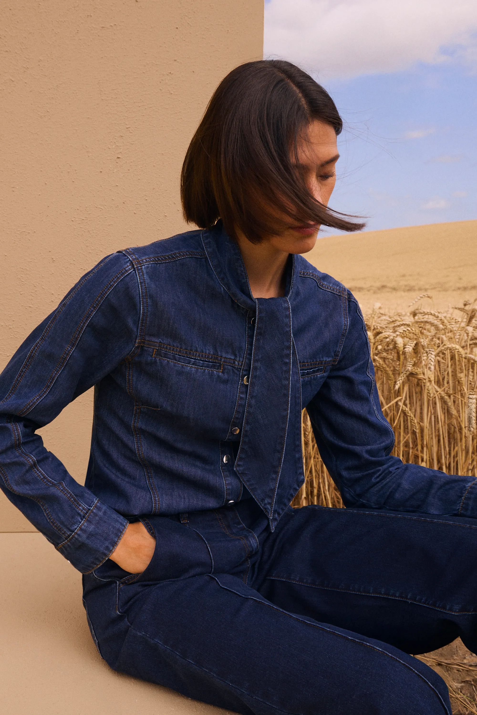 Denim Pussy Bow Blouse BKK26236