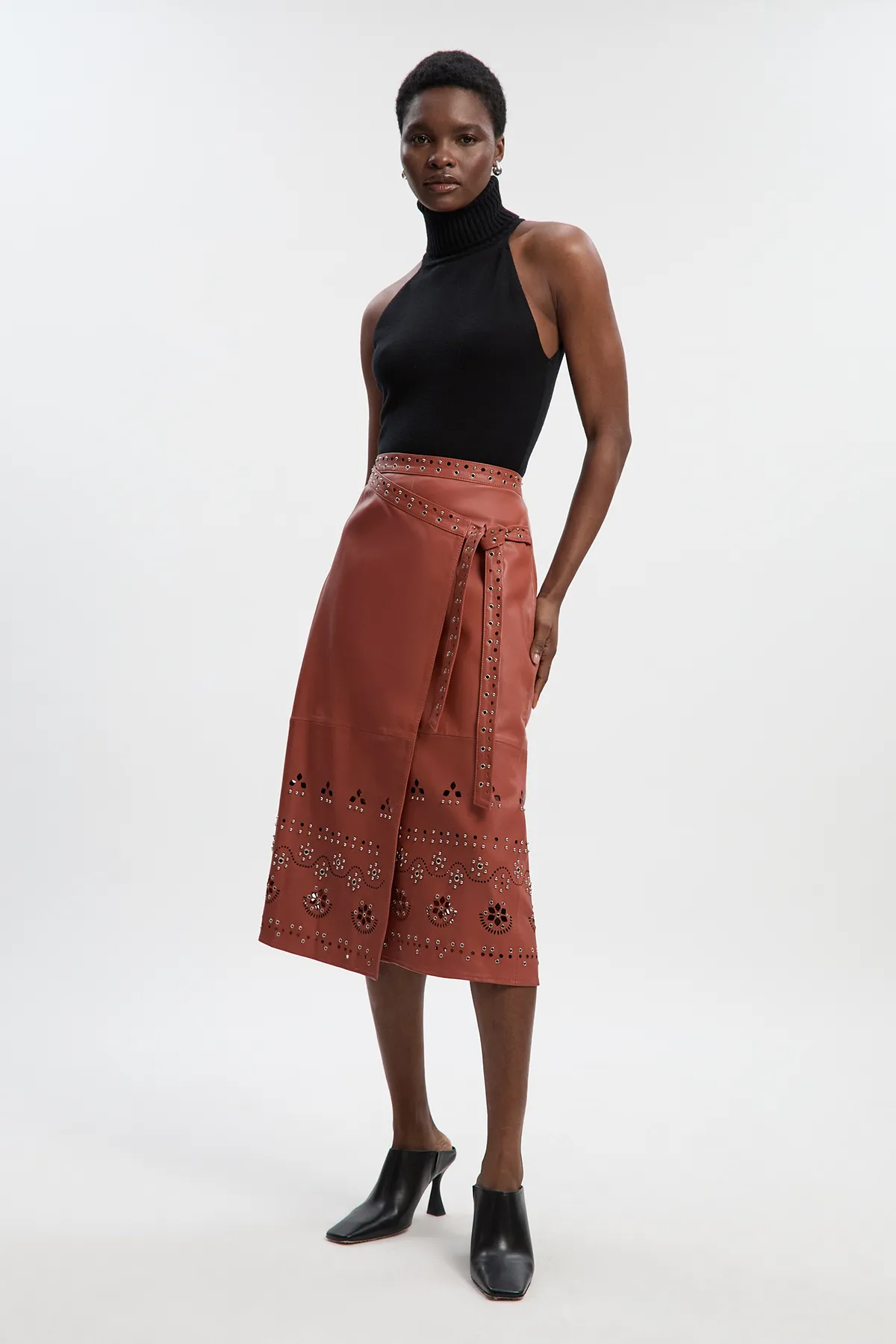 Leather Cut Work & Studded Wrap Pencil Skirt BKK26253