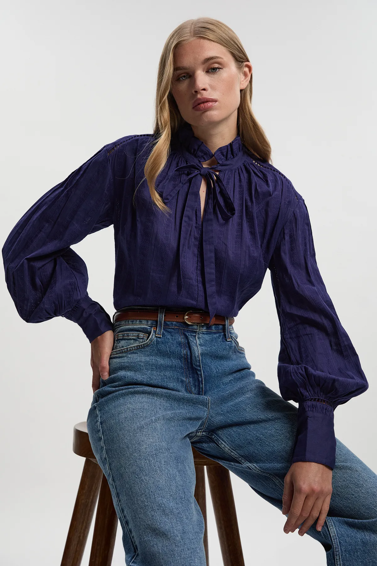 Cotton With Lace Trim Insert High Neck Puff Sleeve Blouse BKK26273