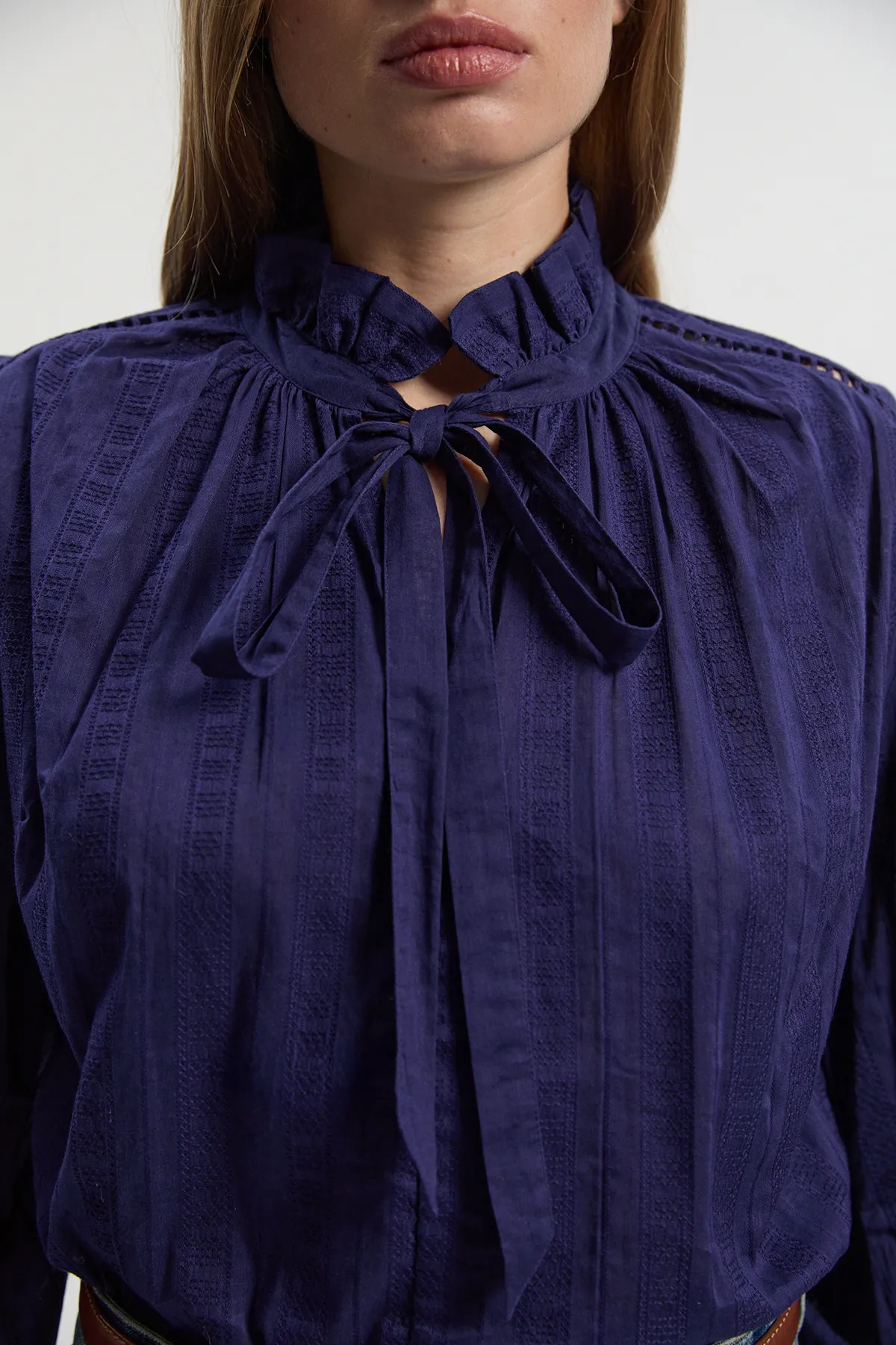 Cotton With Lace Trim Insert High Neck Puff Sleeve Blouse BKK26273