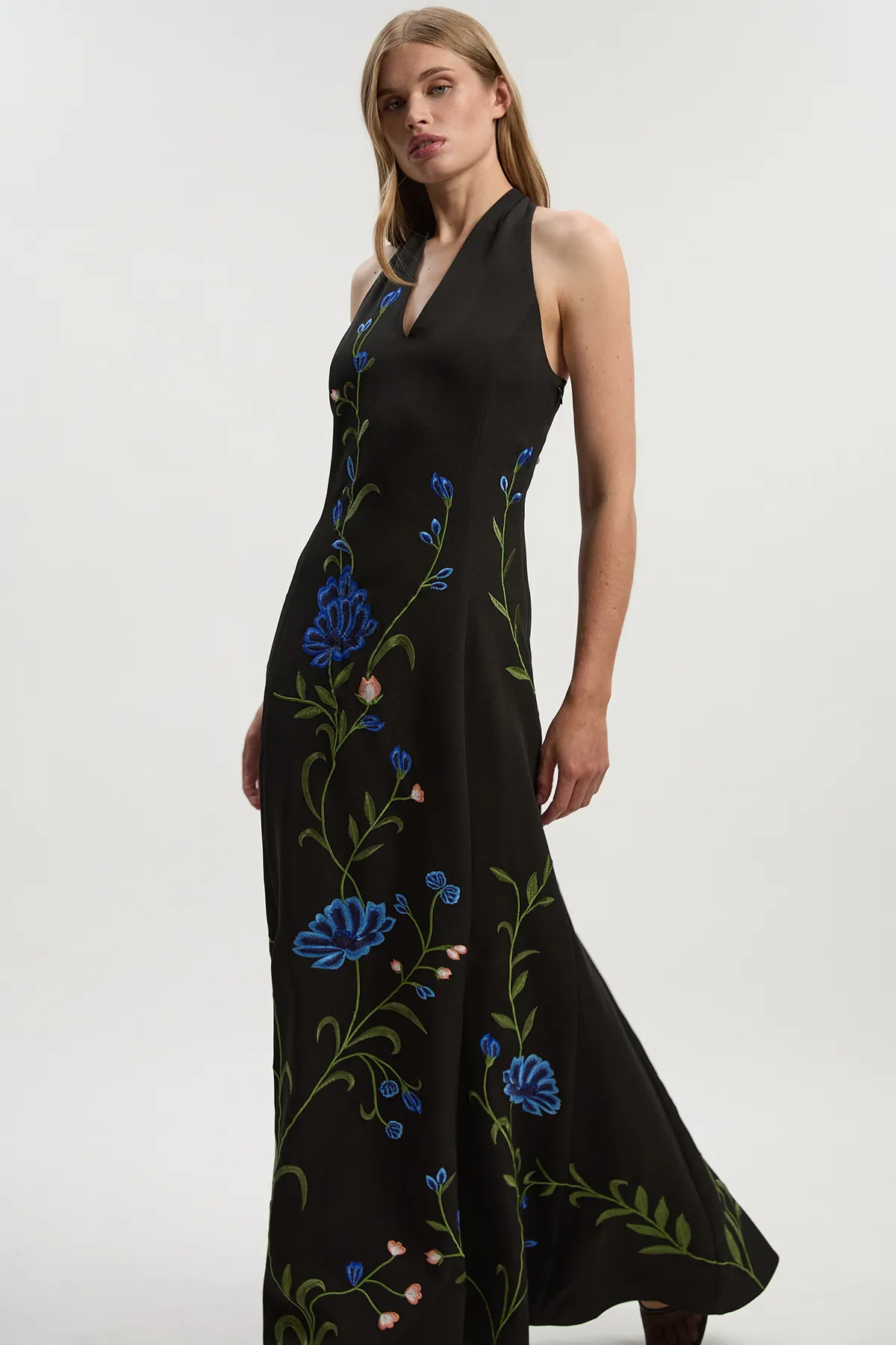 Placed Floral Halter Embroidered Crepe Woven Maxi Dress BKK26296