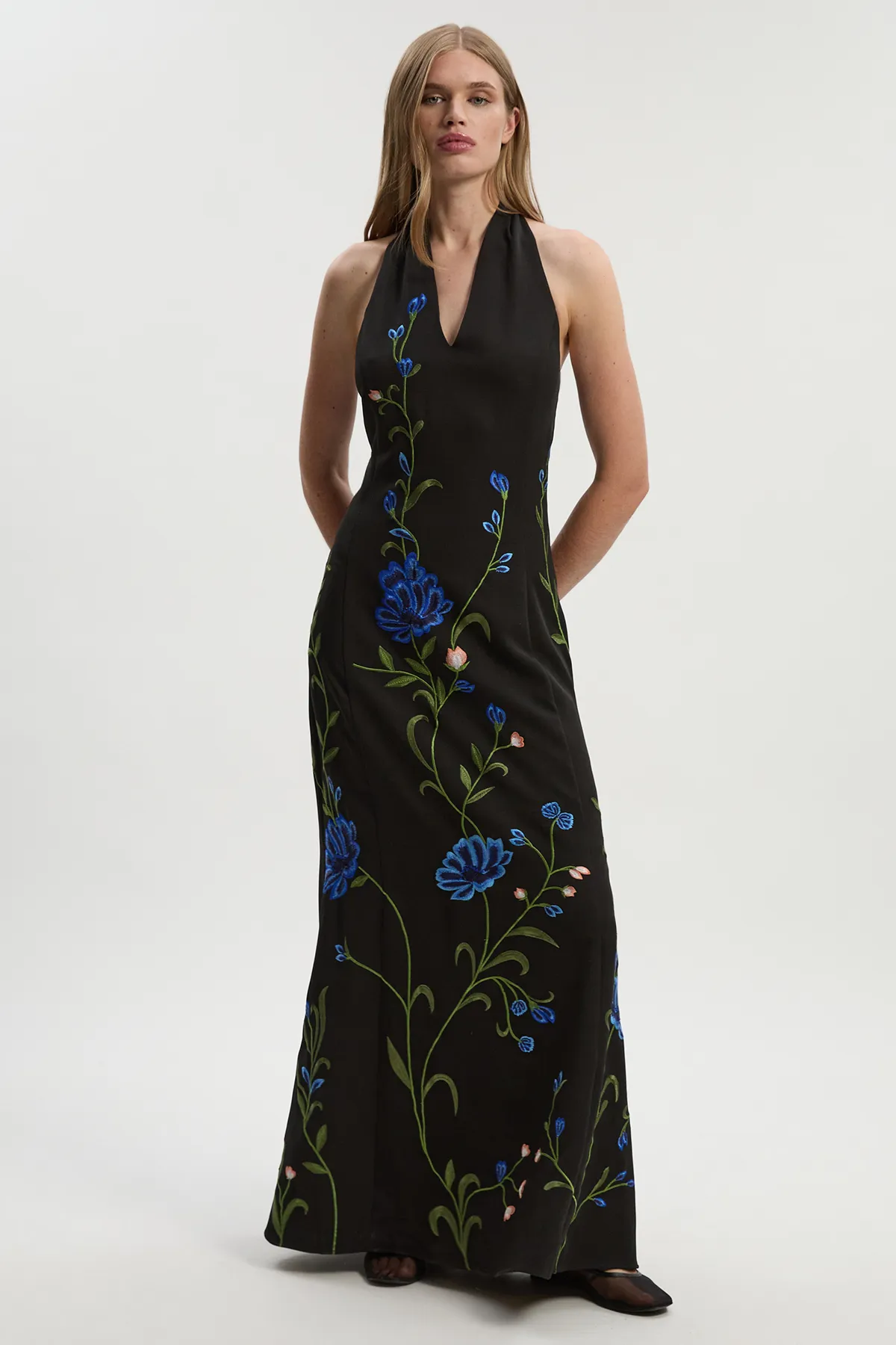 Placed Floral Halter Embroidered Crepe Woven Maxi Dress BKK26296 3 Placed Floral Halter Embroidered Crepe Woven Maxi Dress BKK26296