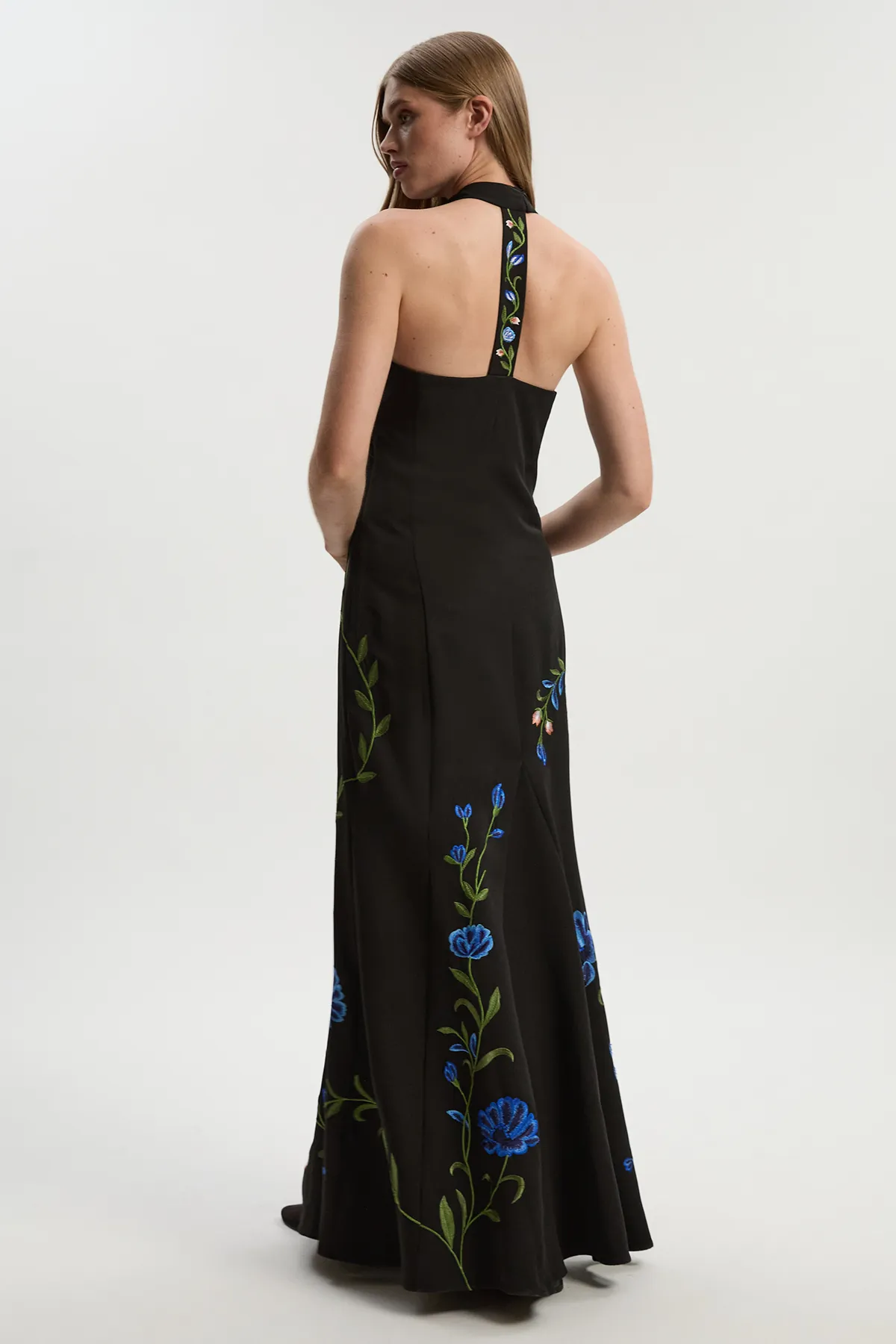 Placed Floral Halter Embroidered Crepe Woven Maxi Dress BKK26296 5 Placed Floral Halter Embroidered Crepe Woven Maxi Dress BKK26296