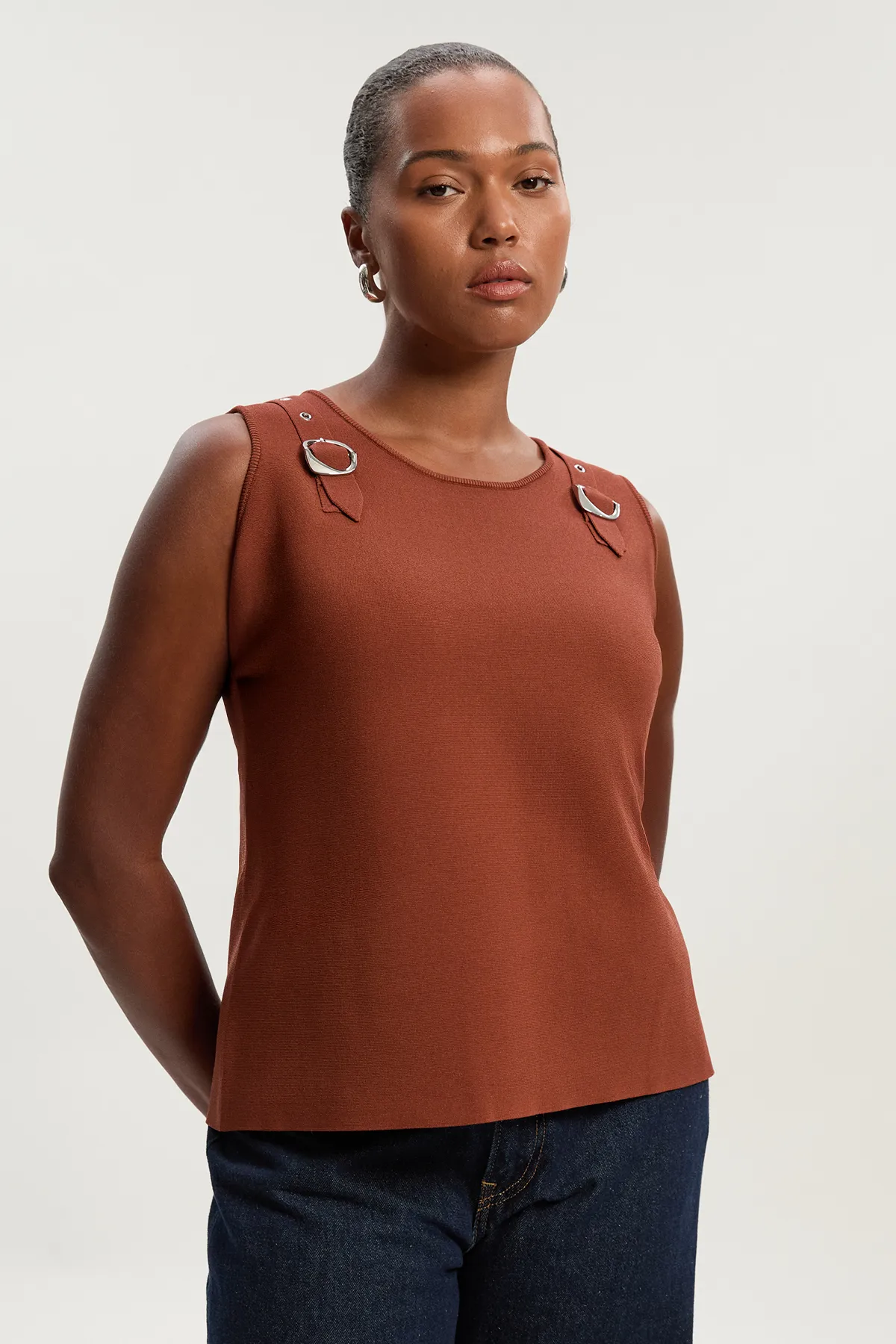 Plus Size Buckle Trim Knitted Top BKK26330