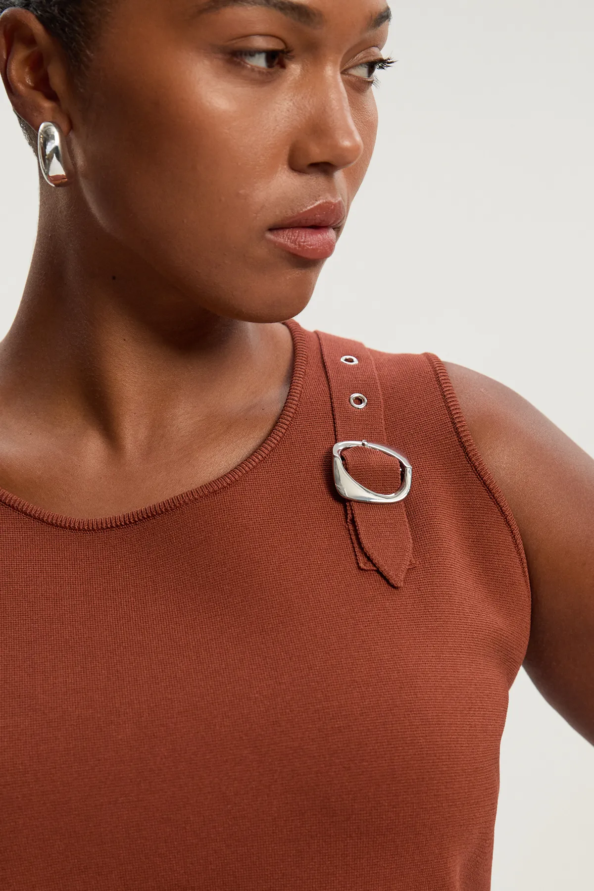 Plus Size Buckle Trim Knitted Top BKK26330