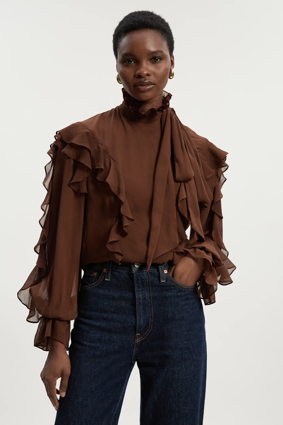 Ruffle Front Crinkle Georgette Pussy Bow Blouse BKK26387