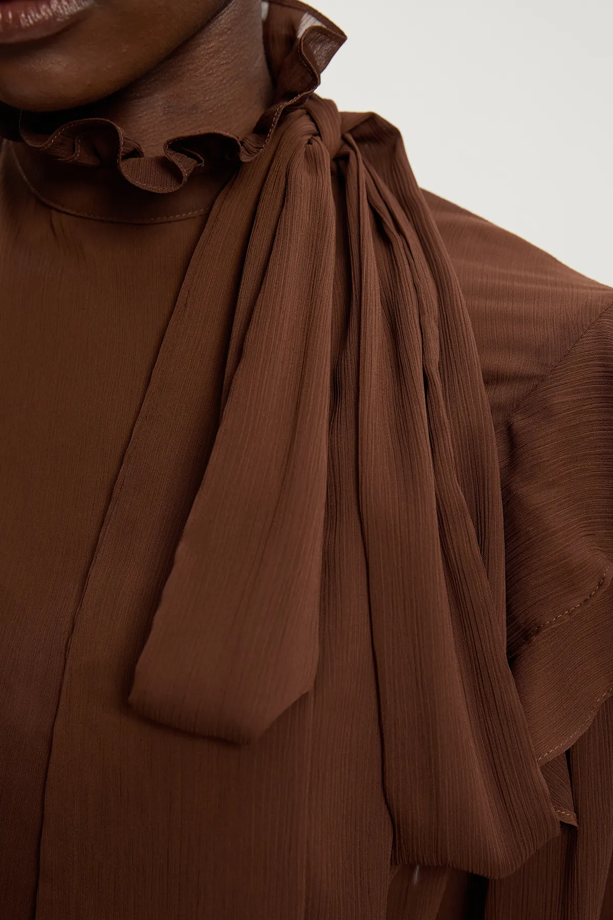 Ruffle Front Crinkle Georgette Pussy Bow Blouse BKK26387