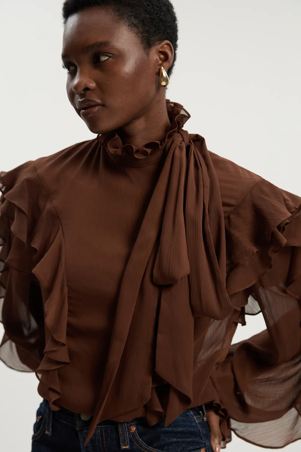 Ruffle Front Crinkle Georgette Pussy Bow Blouse BKK26387 3 Ruffle Front Crinkle Georgette Pussy Bow Blouse BKK26387