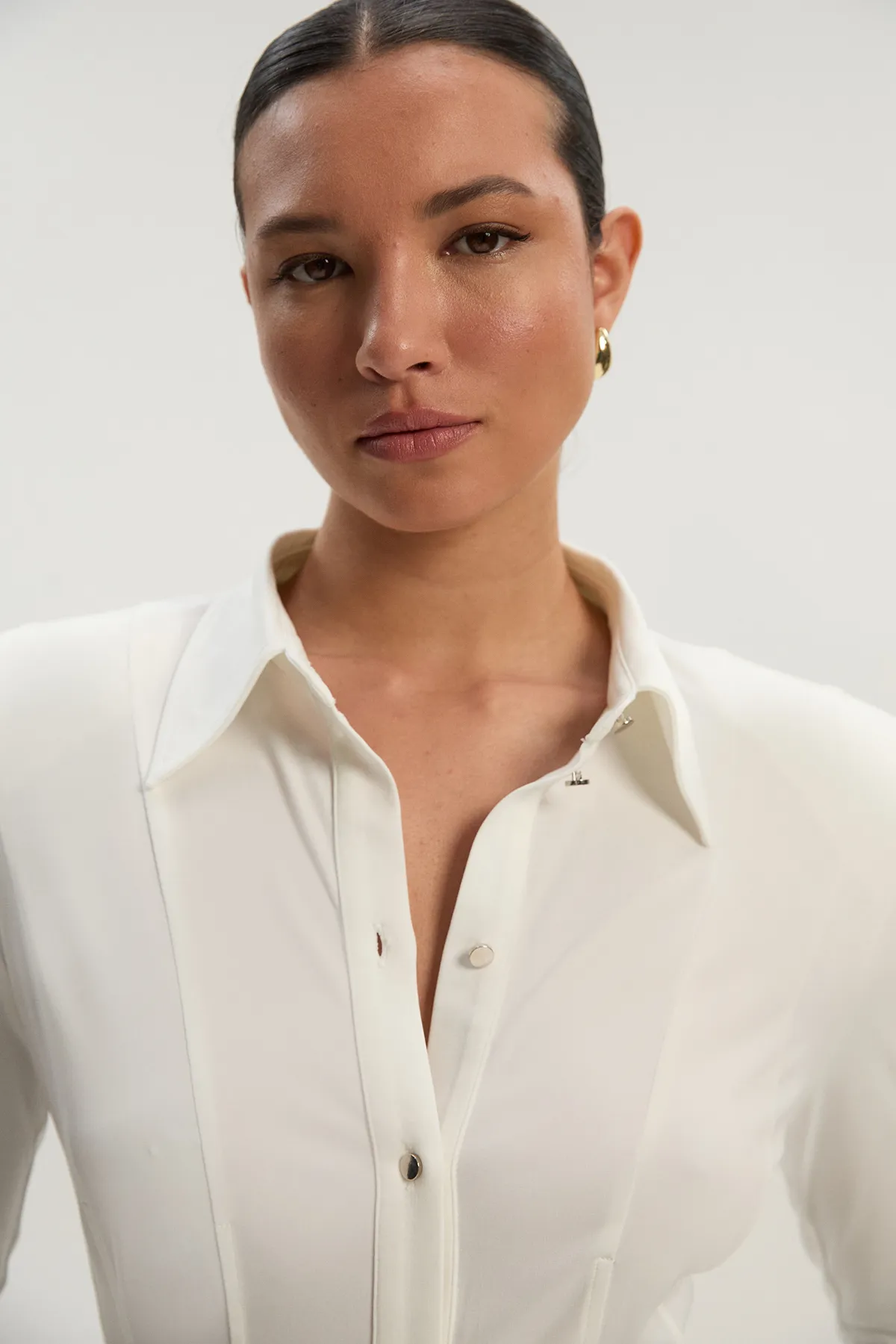 Power Shoulder Drapey Crepe Seam Detail Shirt BKK26493