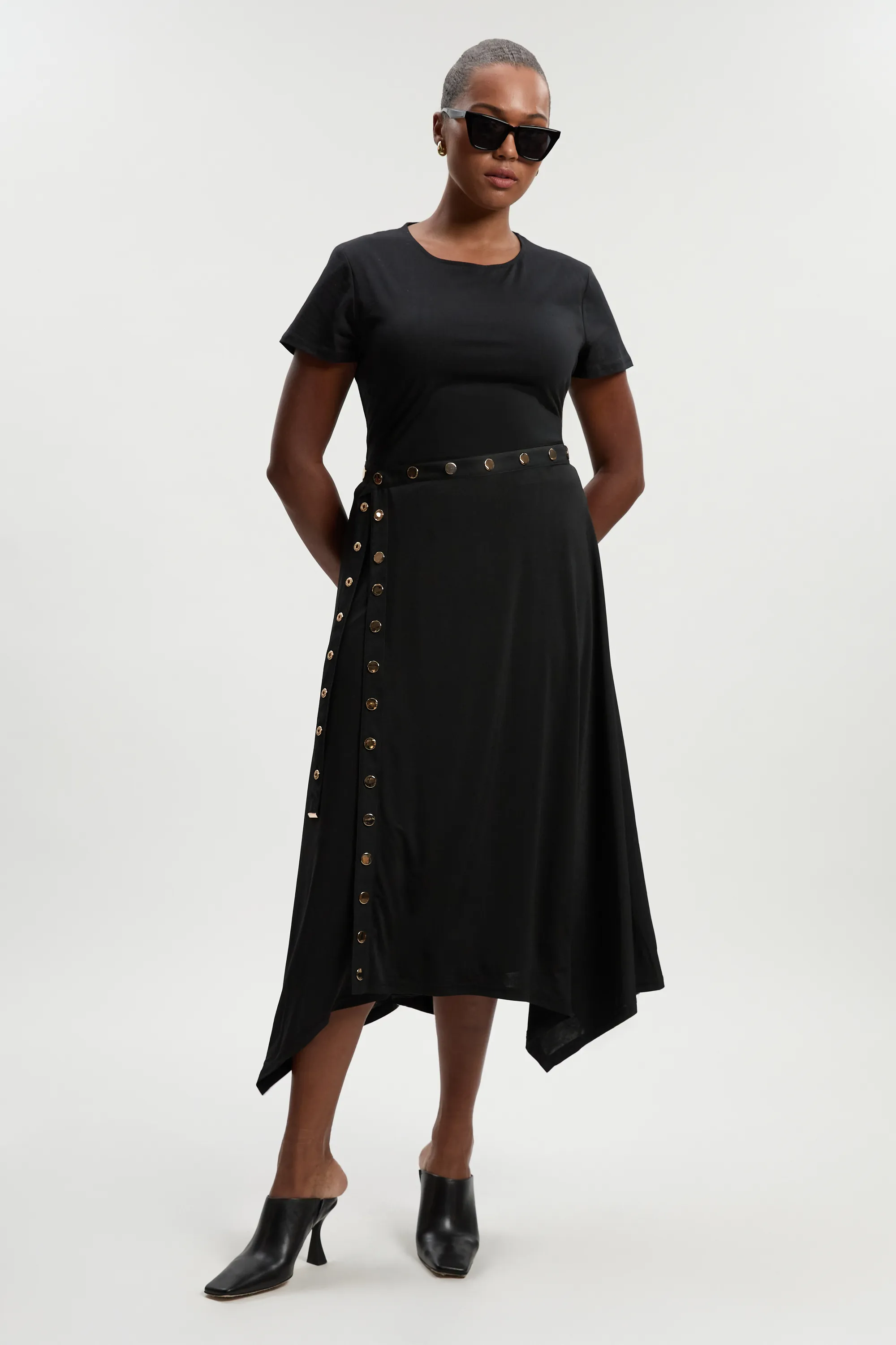Plus Size Drapey Crepe Hanky Hem Eyelet Detail Maxi Skirt BKK26486