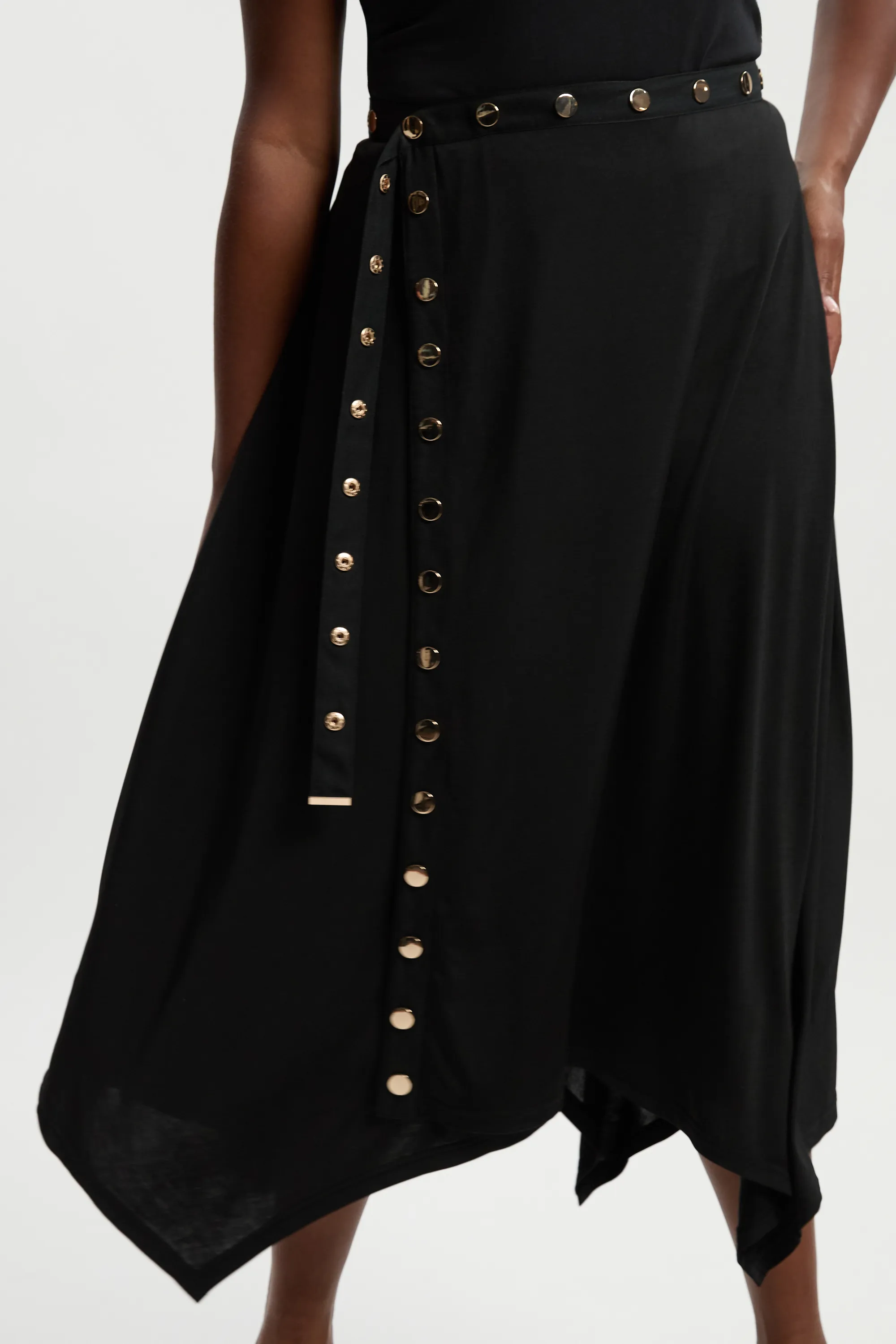 Plus Size Drapey Crepe Hanky Hem Eyelet Detail Maxi Skirt BKK26486