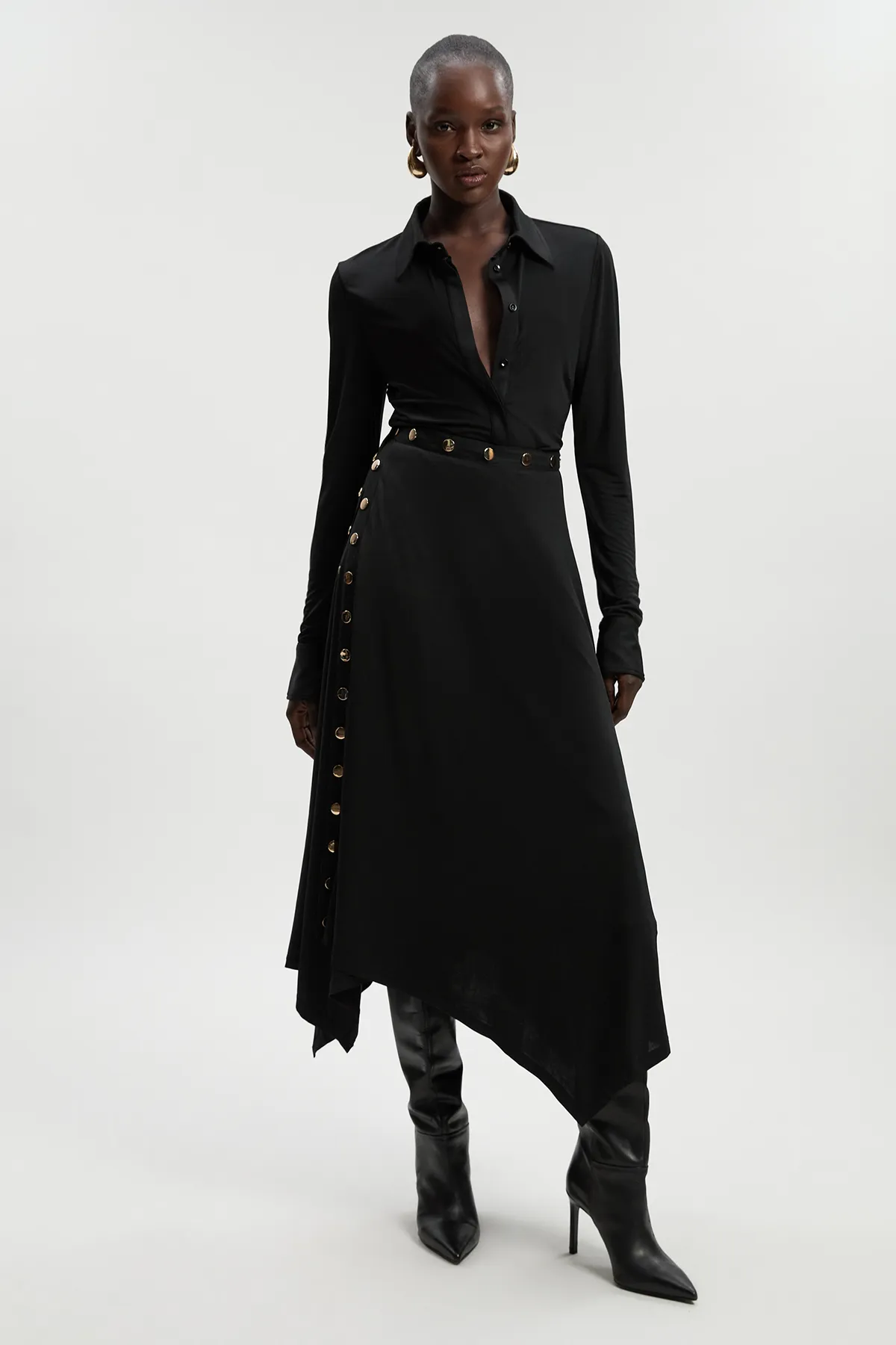 Drapey Crepe Hanky Hem Eyelet Detail Maxi Skirt BKK26496