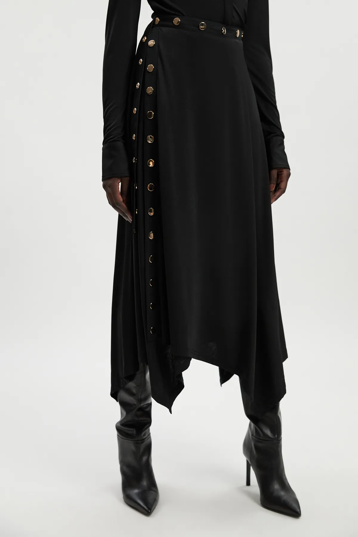 Drapey Crepe Hanky Hem Eyelet Detail Maxi Skirt BKK26496