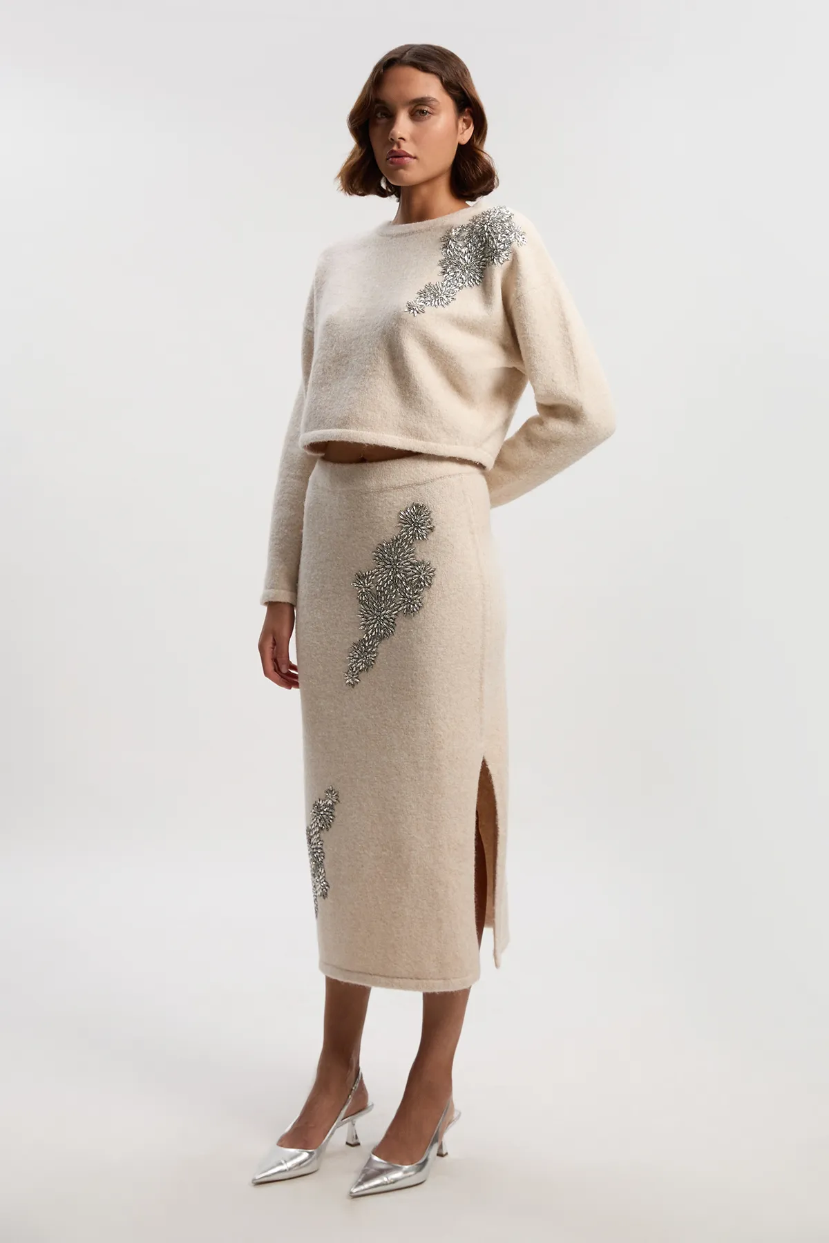 Wool Blend Embellished Cosy Pencil Midi Skirt BKK26550