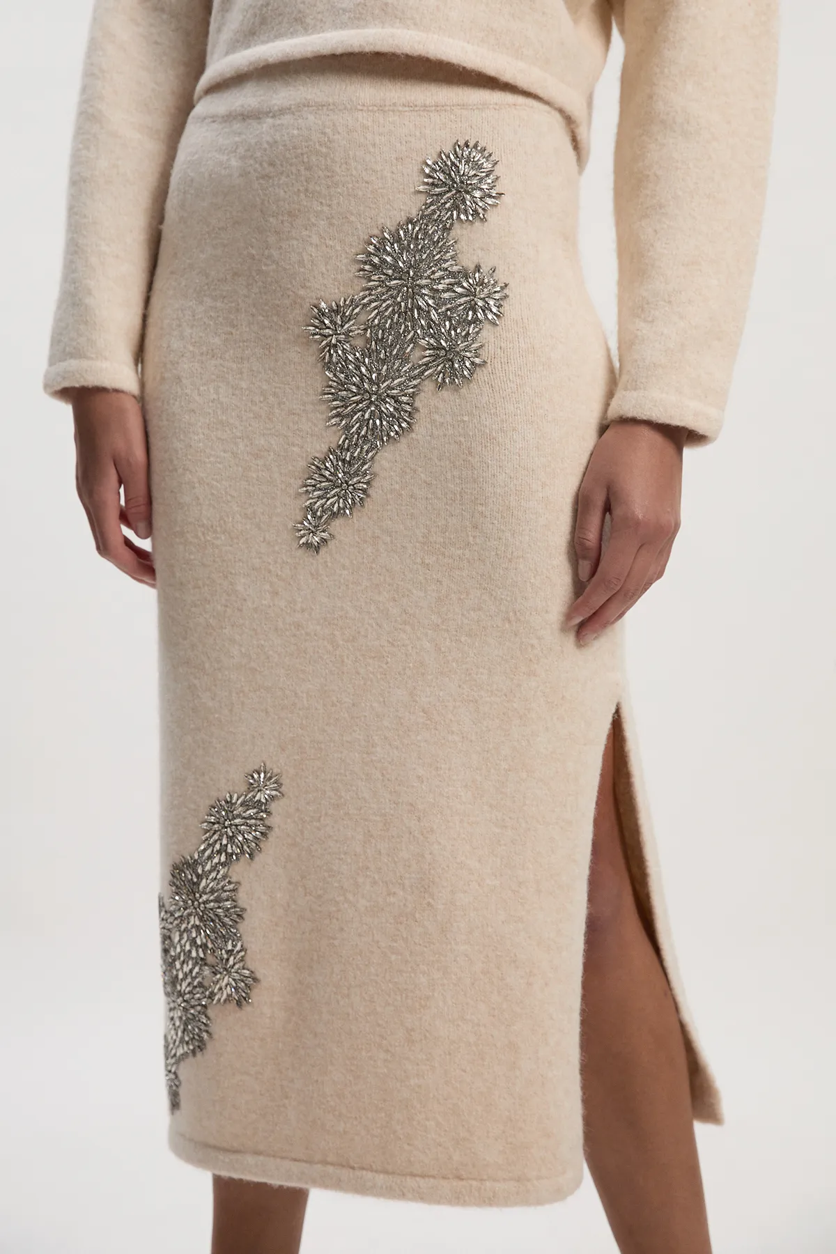 Wool Blend Embellished Cosy Pencil Midi Skirt BKK26550