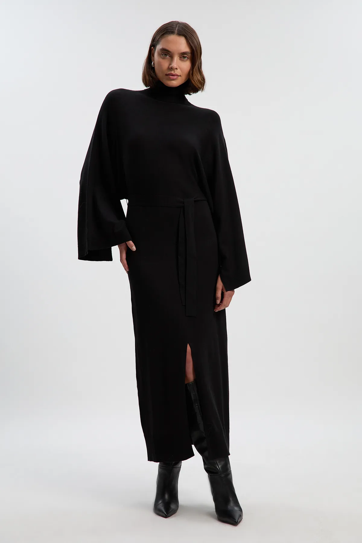 Viscose Blend Funnel Neck Belted Knitted Midi Dress BKK26633