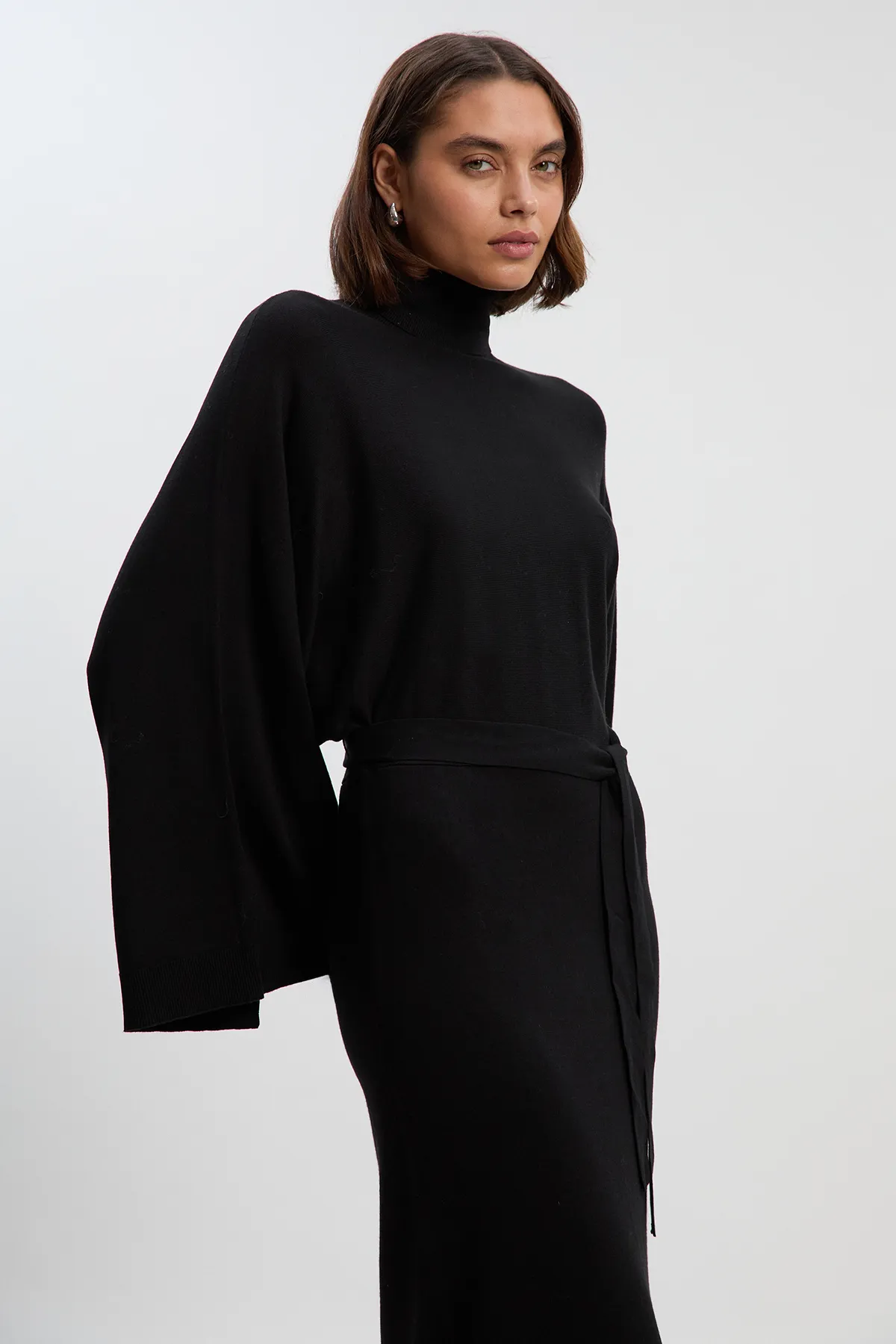 Viscose Blend Funnel Neck Belted Knitted Midi Dress BKK26633