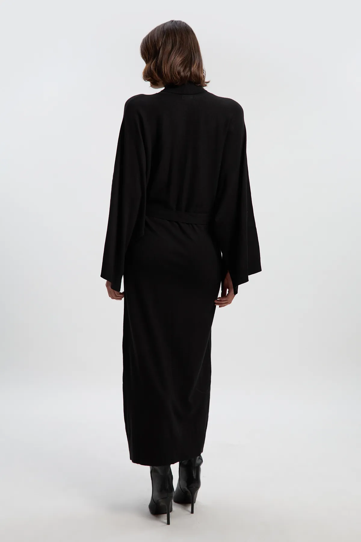 Viscose Blend Funnel Neck Belted Knitted Midi Dress BKK26633