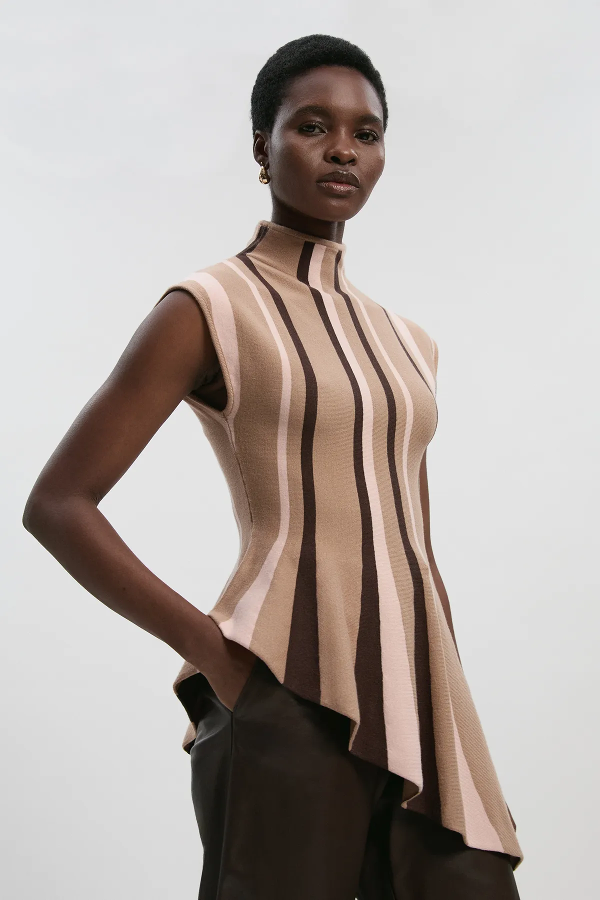 Stripe Viscose Blend Asymmetric Hem Knit Top BKK26639