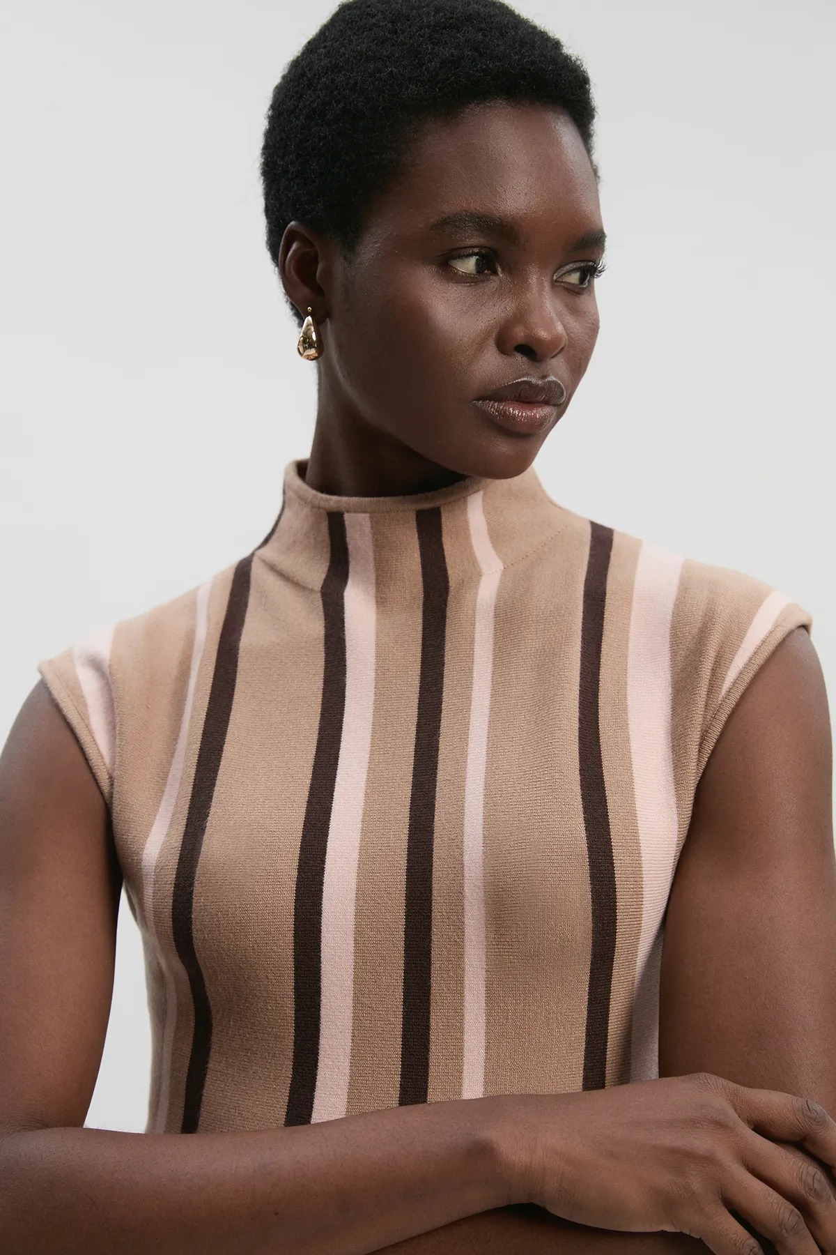 Stripe Viscose Blend Asymmetric Hem Knit Top BKK26639