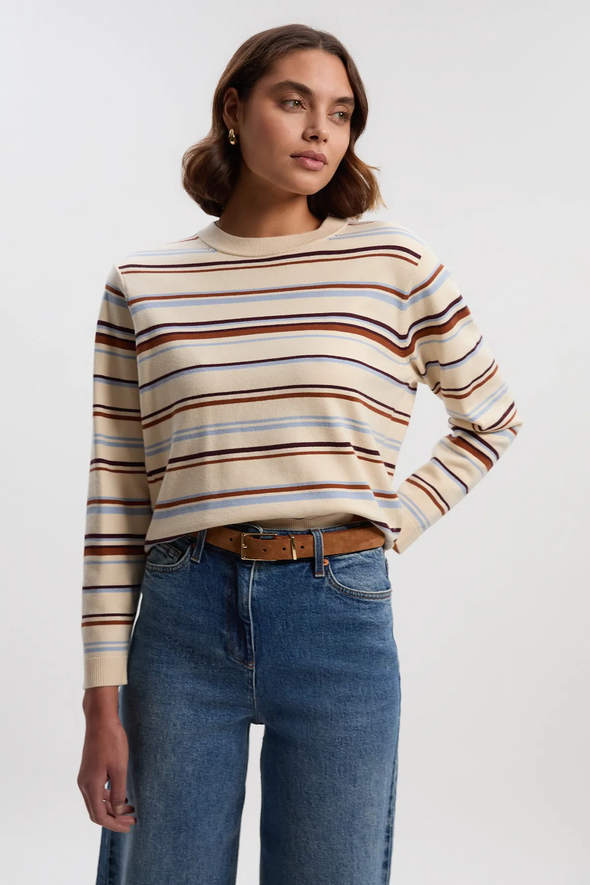 Stripe Viscose Blend Crew Neck Knit Top BKK26641